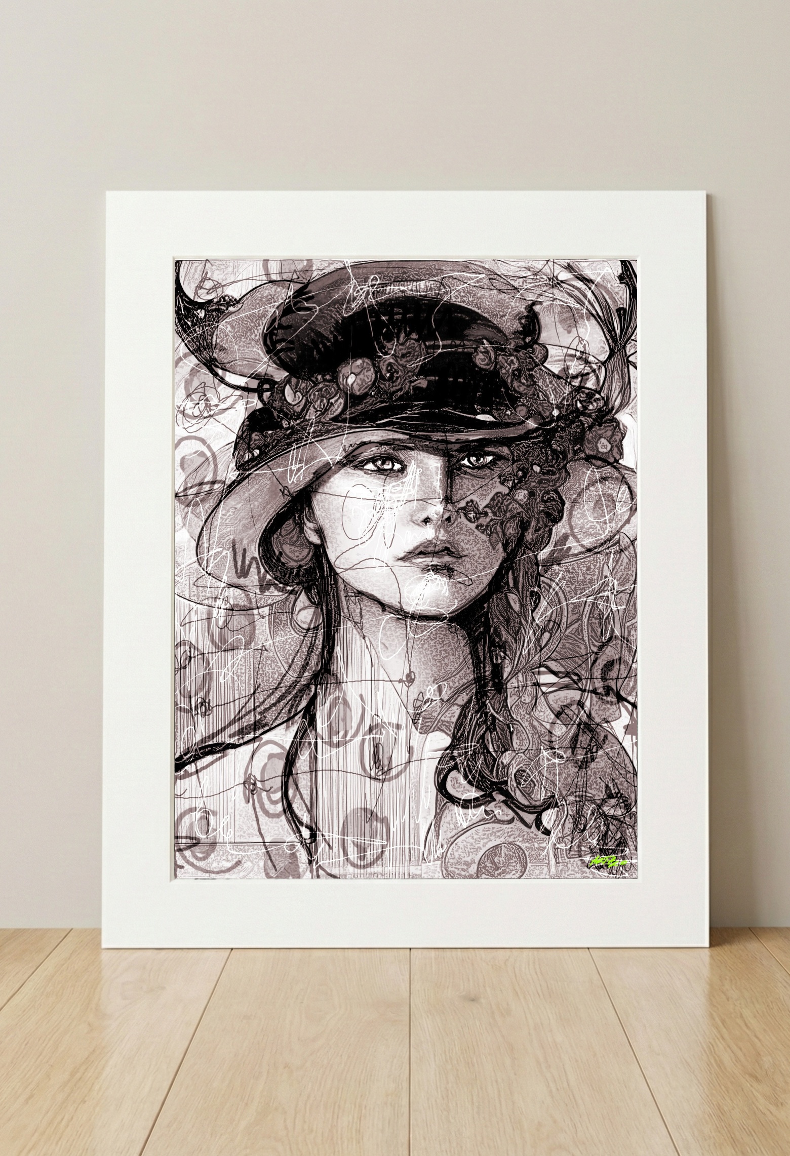 Muted Brown Woman in Hat Portrait — art on the wall, room interior preview 2