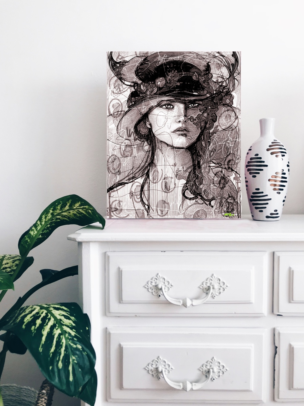 Muted Brown Woman in Hat Portrait — art on the wall, room interior preview 3