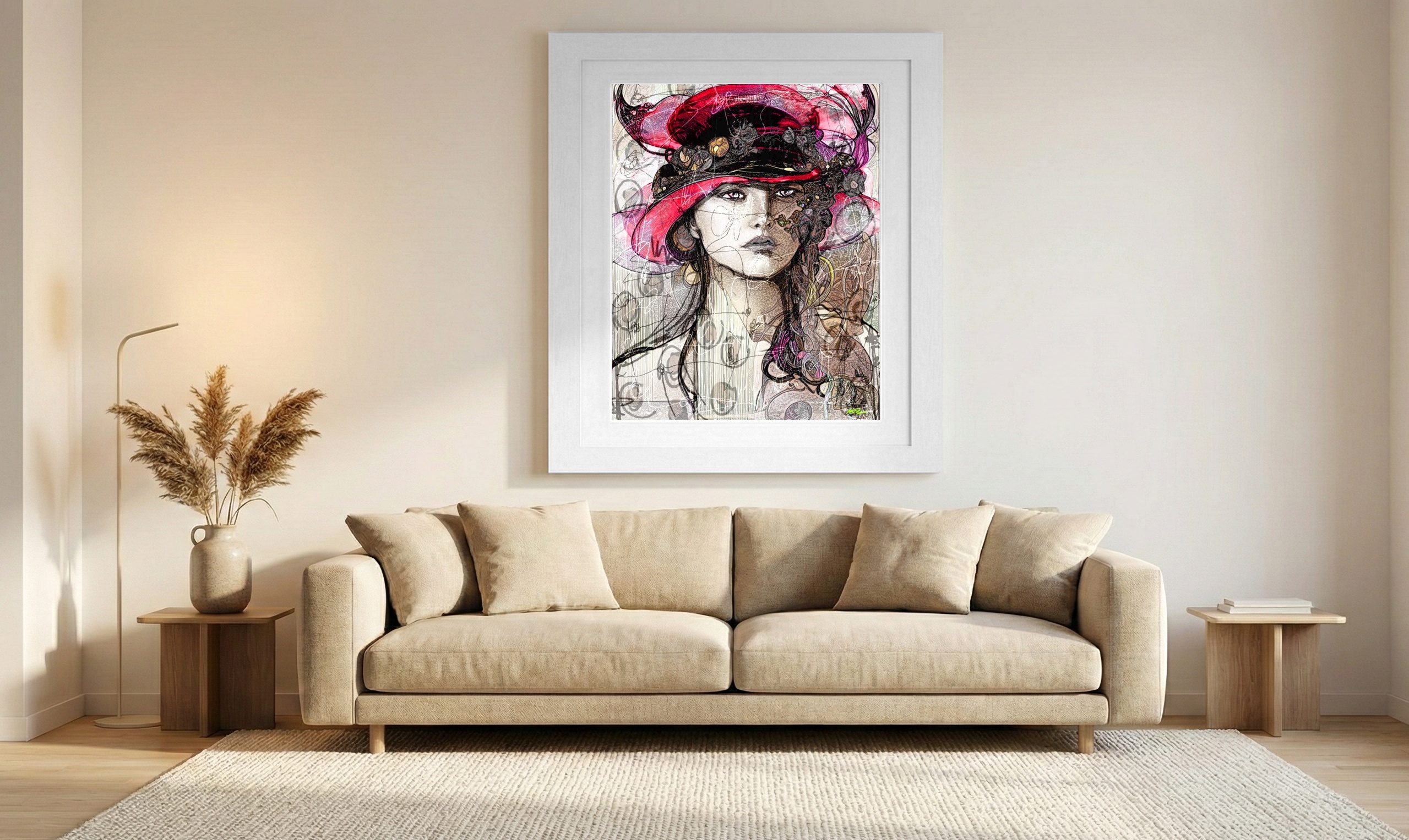 Vibrant Red Hat Woman Art — art on the wall, room interior preview 1