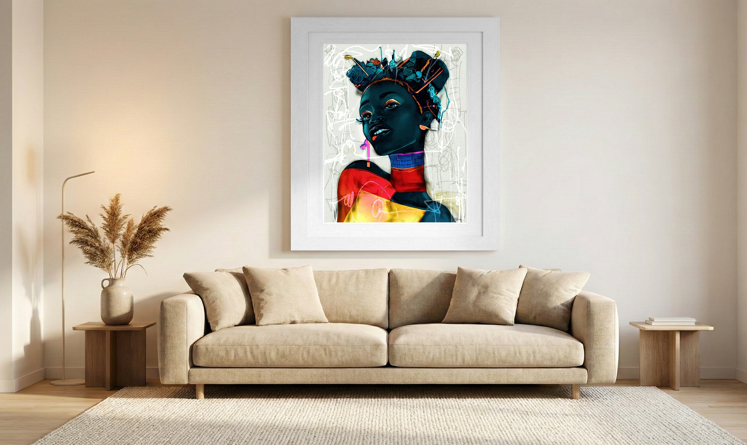 Vibrant Yellow Girl Portrait Print — art on the wall, room interior preview 1