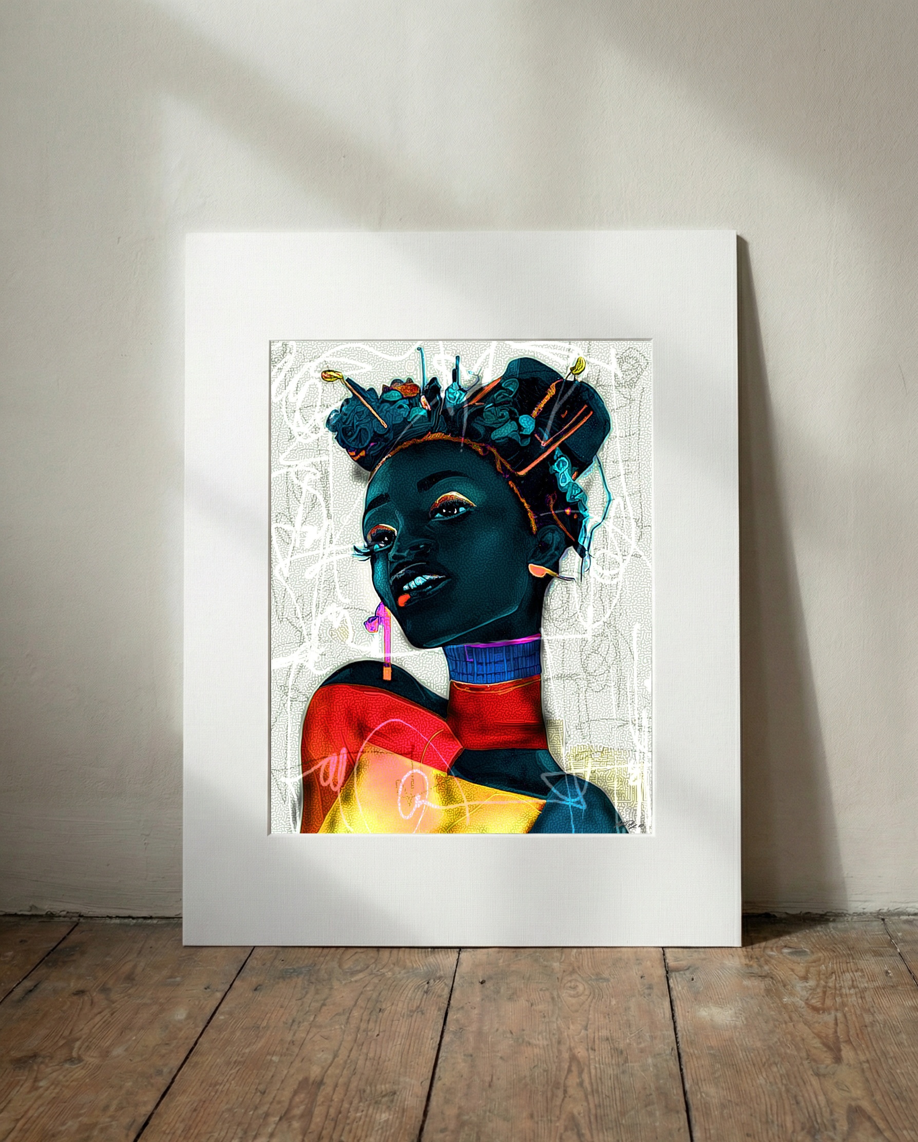 Vibrant Yellow Girl Portrait Print — art on the wall, room interior preview 3