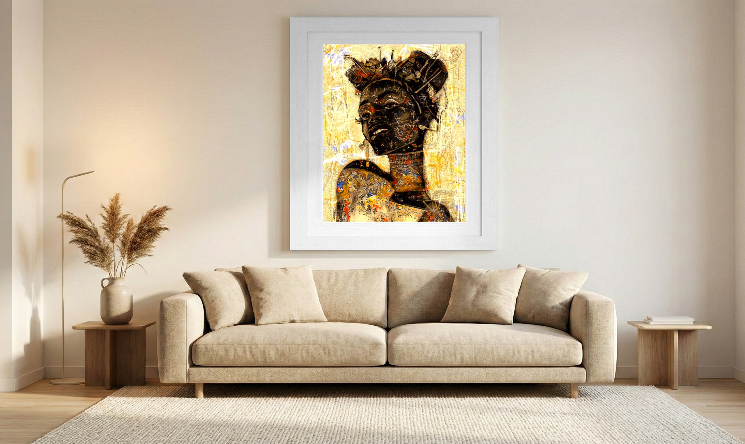 Youthful Girl with Yellow Lines Print — art on the wall, room interior preview 1