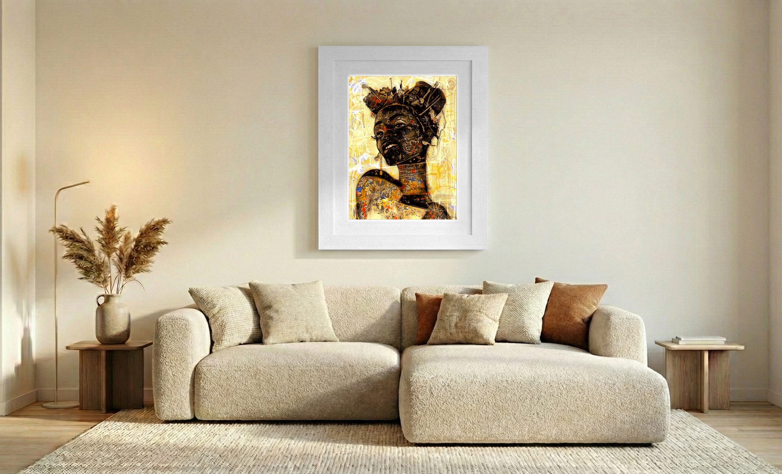Youthful Girl with Yellow Lines Print — art on the wall, room interior preview 2