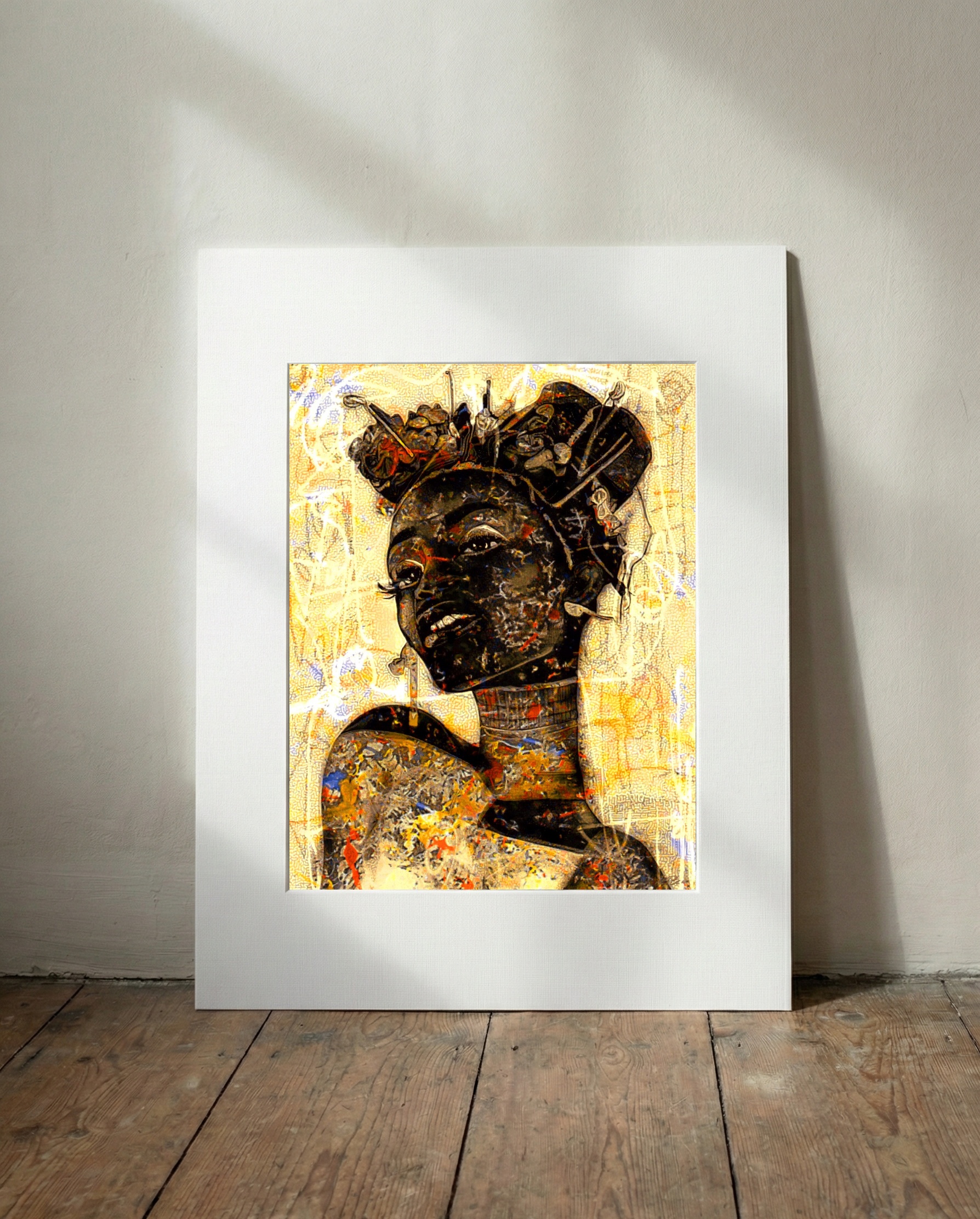 Youthful Girl with Yellow Lines Print — art on the wall, room interior preview 3