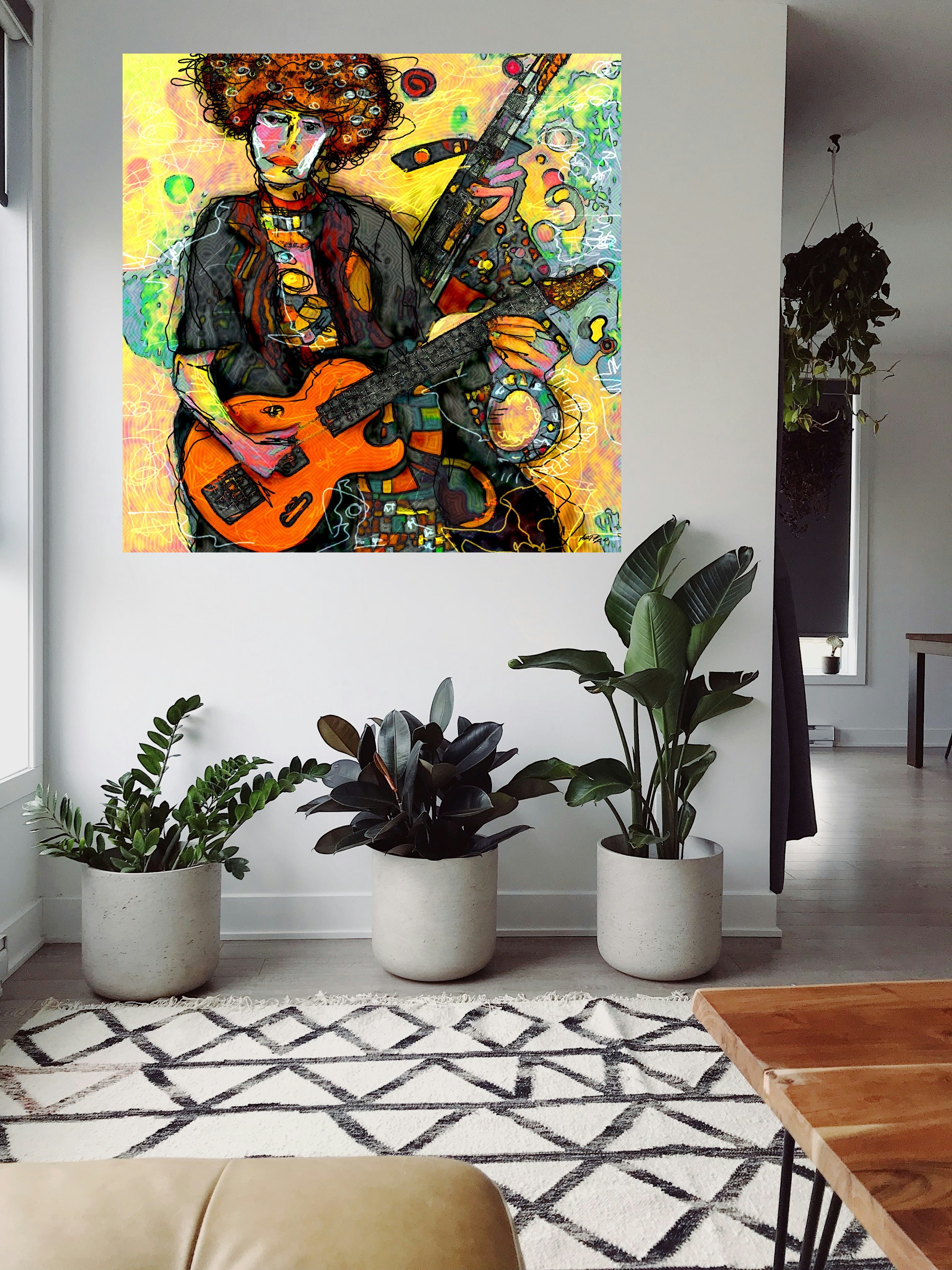 Orange and Yellow Guitarist Digital Portrait — art on the wall, room interior preview 1