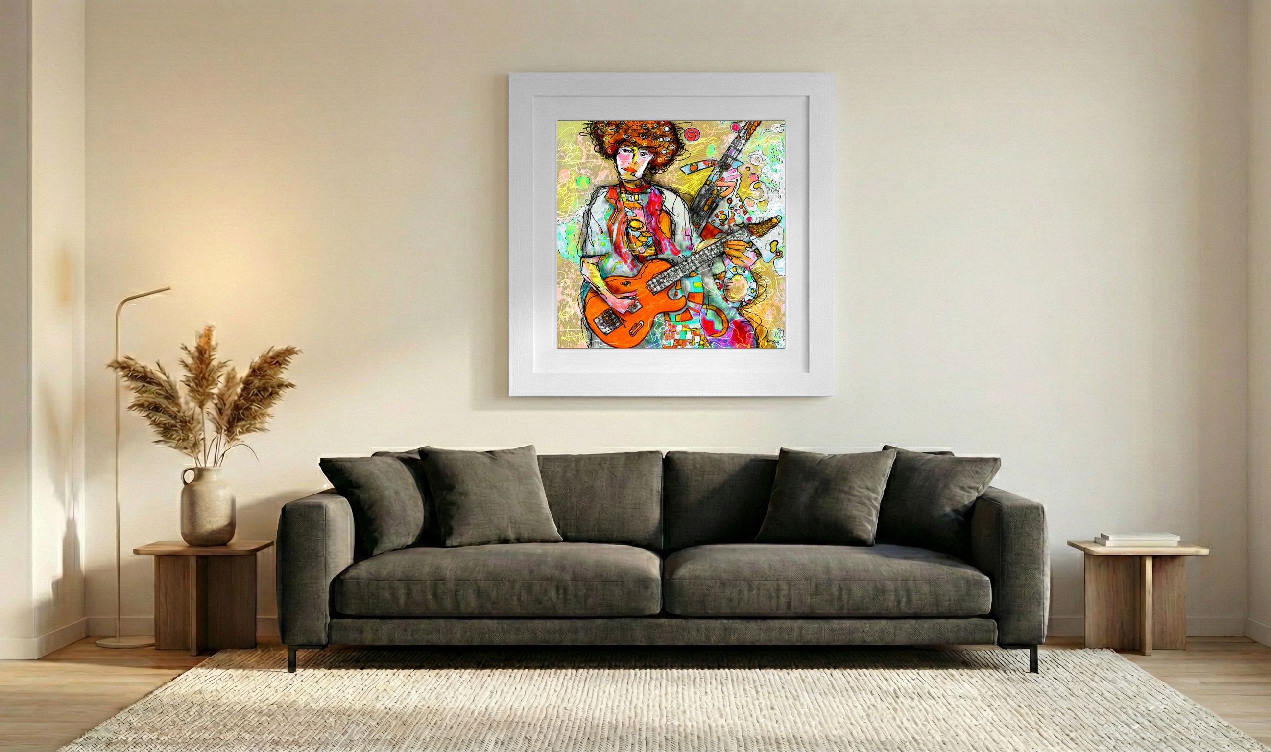 Grey and Orange Guitarist Abstract Art — art on the wall, room interior preview 3