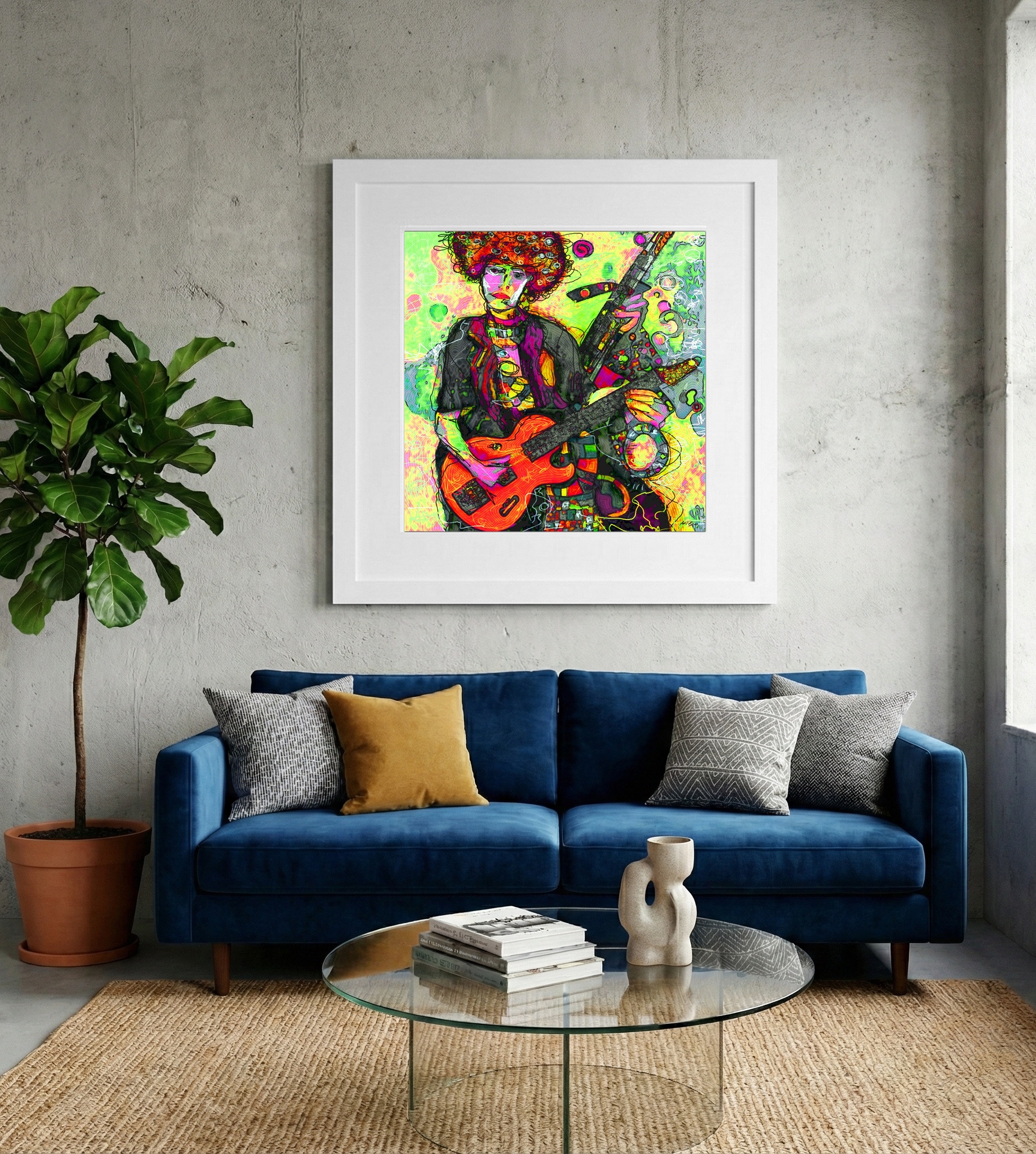 Vivid Woman Guitarist in Neon Colors — art on the wall, room interior preview 2
