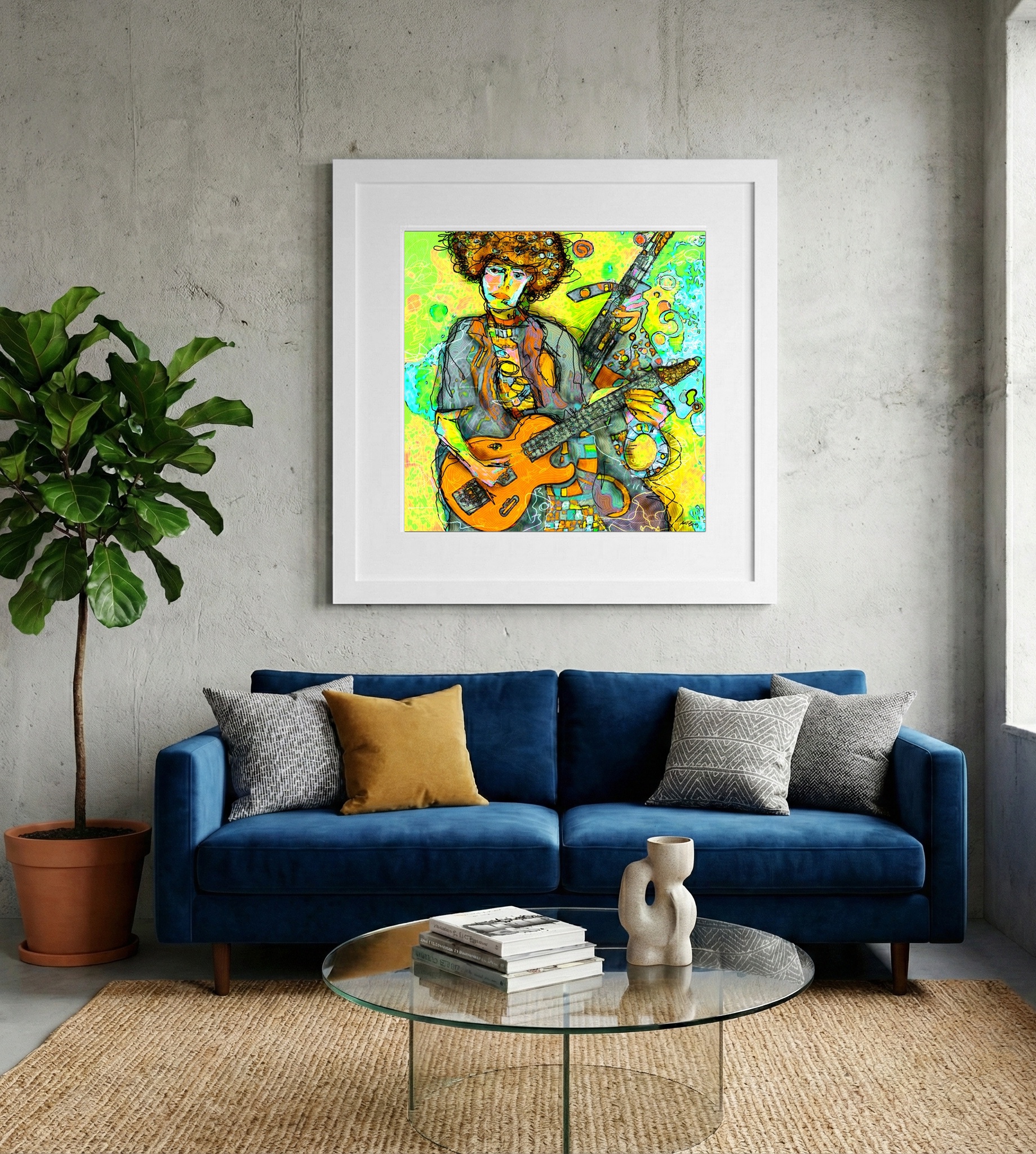 Dynamic Orange Guitarist on Neon Background — art on the wall, room interior preview 2