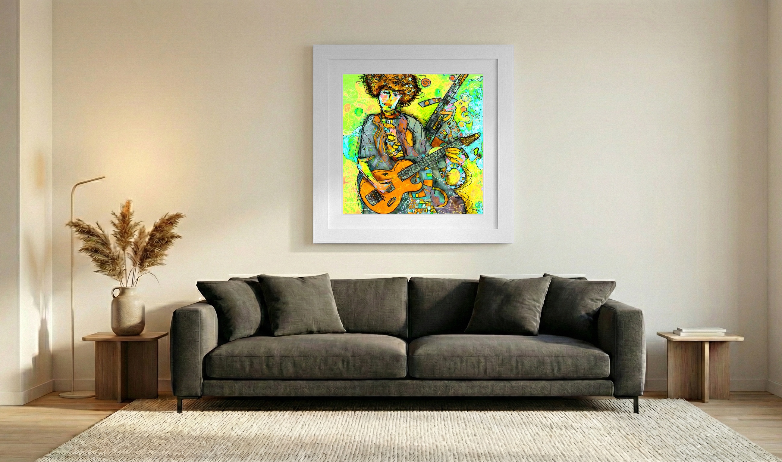 Dynamic Orange Guitarist on Neon Background — art on the wall, room interior preview 3
