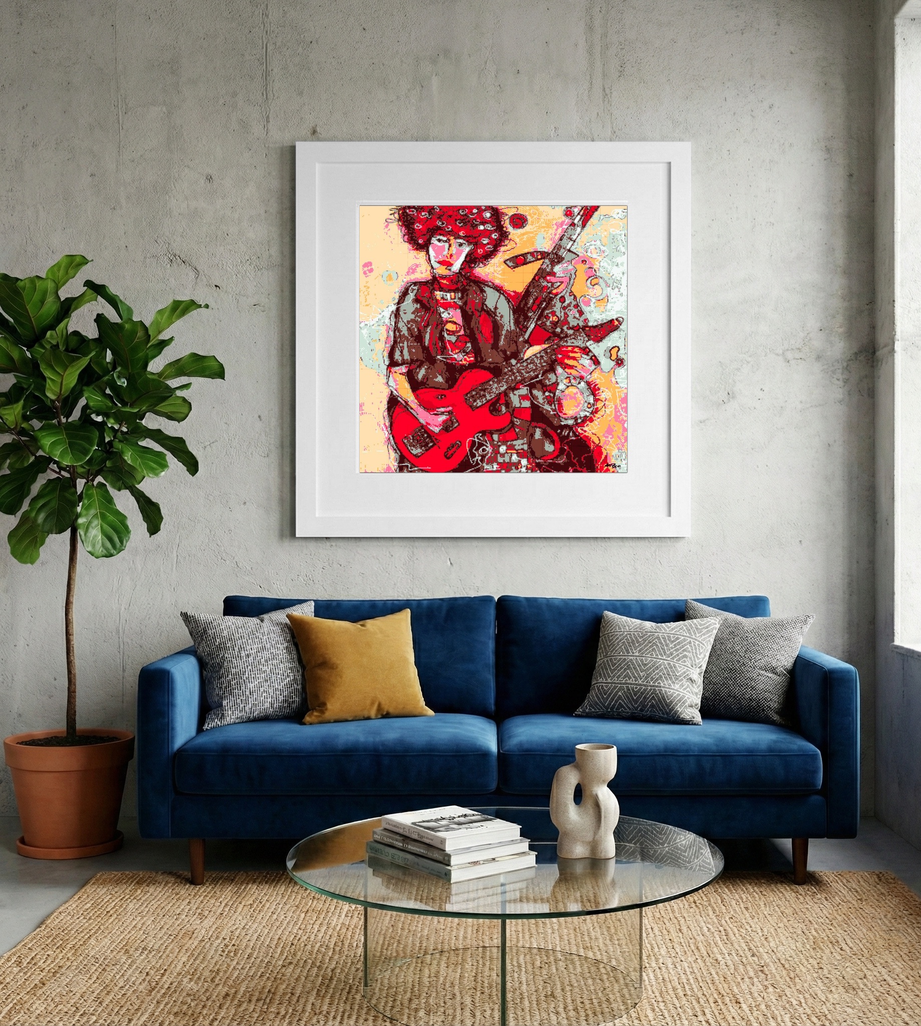 Red and Peach Guitarist Digital Painting — art on the wall, room interior preview 2