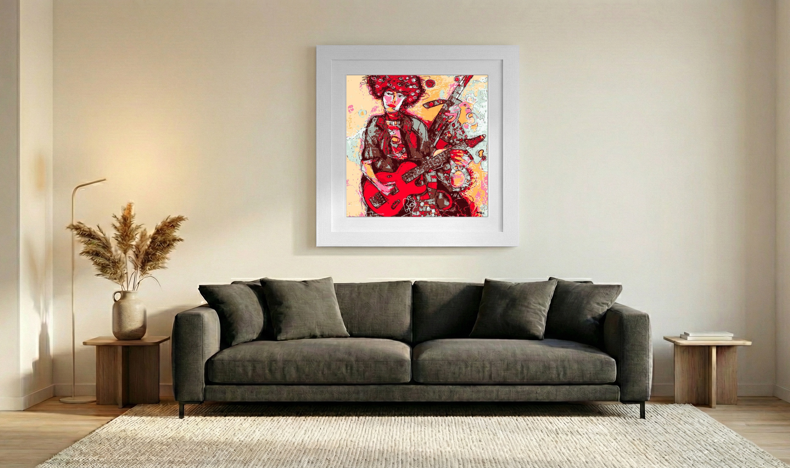 Red and Peach Guitarist Digital Painting — art on the wall, room interior preview 3