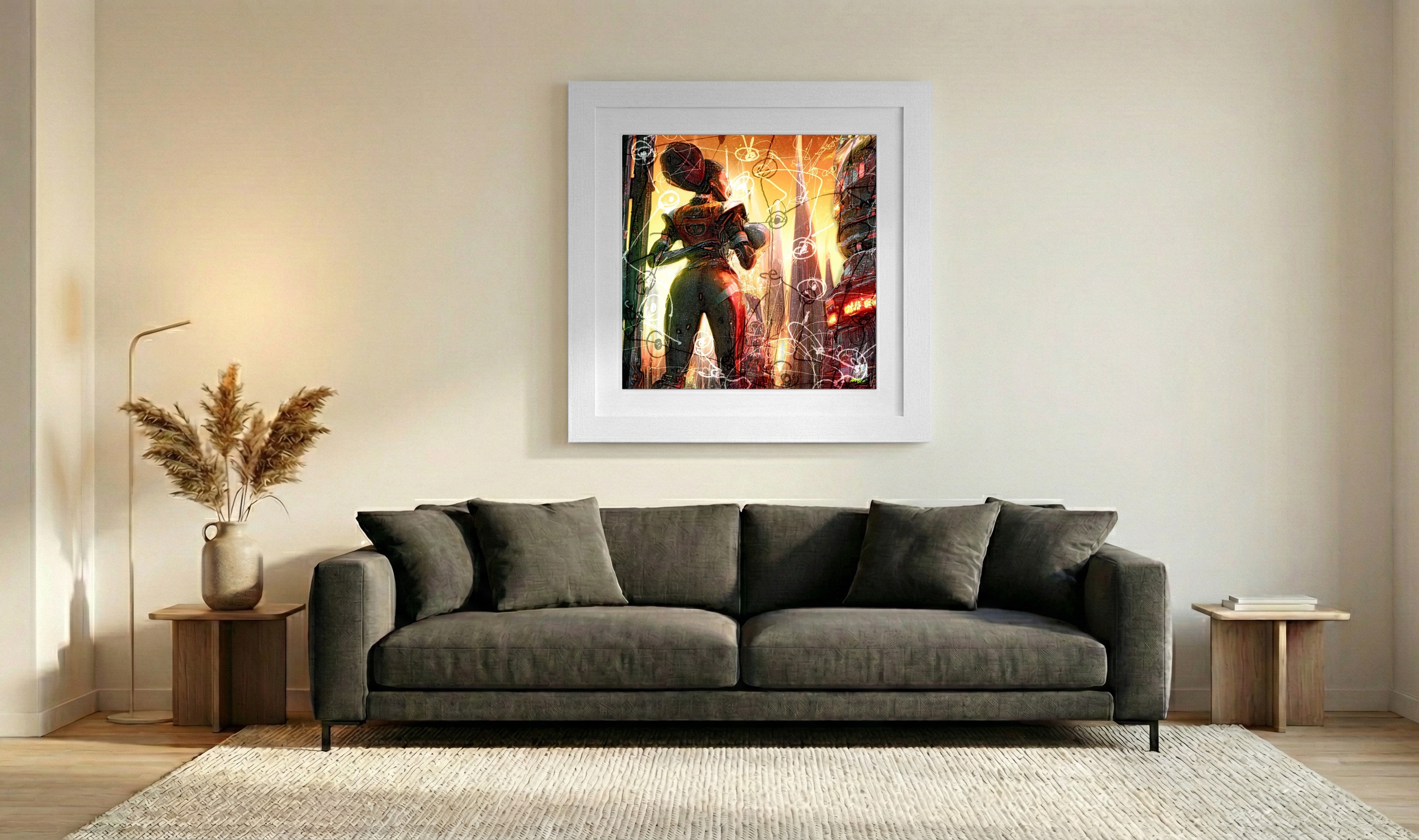 Futuristic Woman in Metallic Hues — art on the wall, room interior preview 3