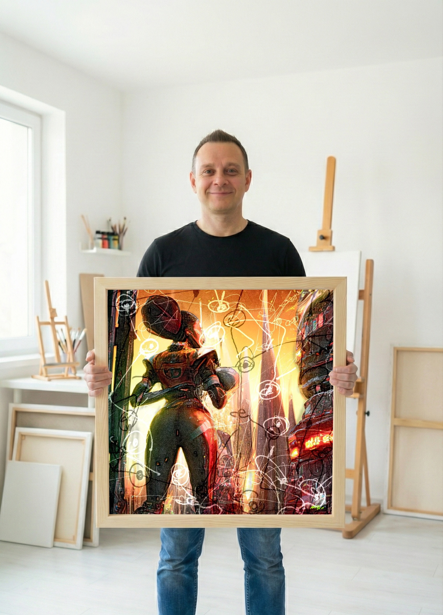 Futuristic Woman in Metallic Hues — art on the wall, room interior preview 3