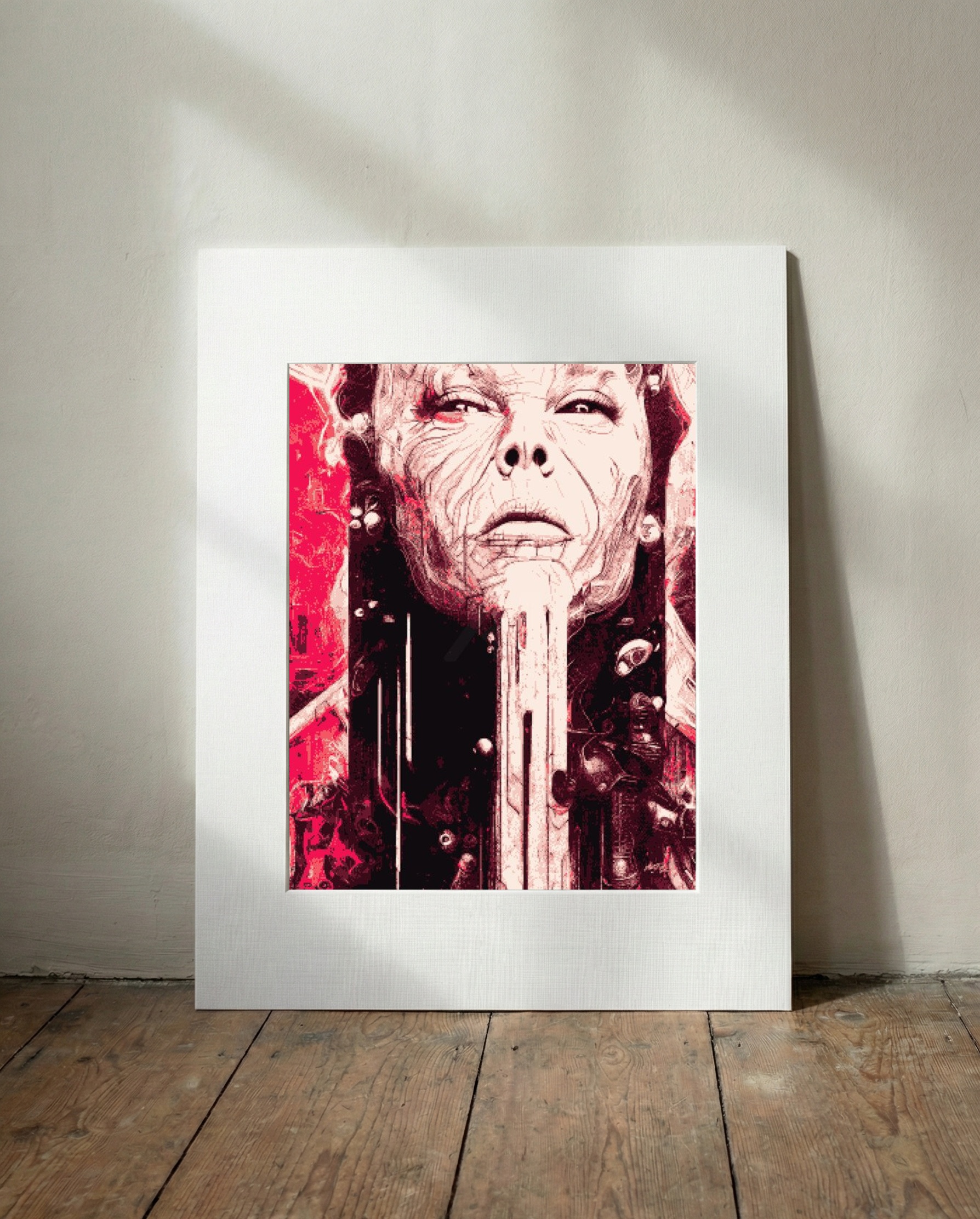 Crimson Alien Portrait in Digital Form — art on the wall, room interior preview 3
