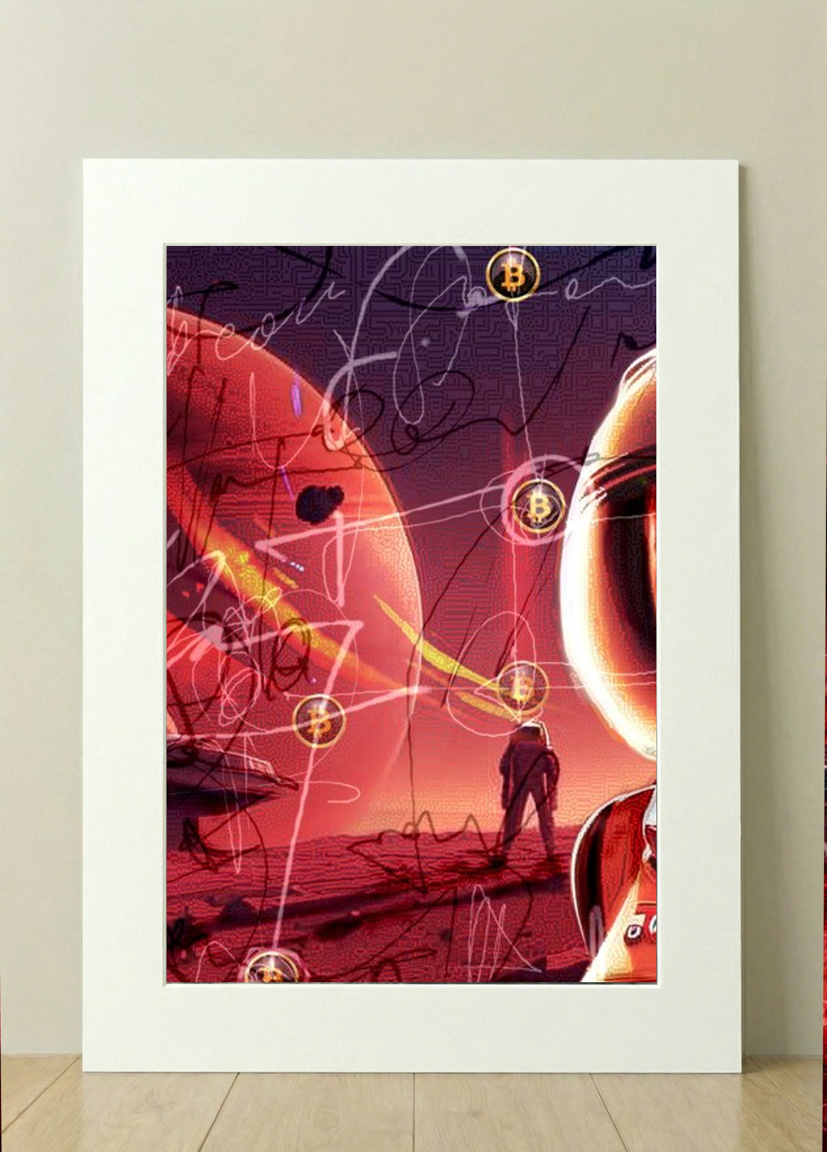 Crimson and Purple Cosmic Astronaut — art on the wall, room interior preview 1