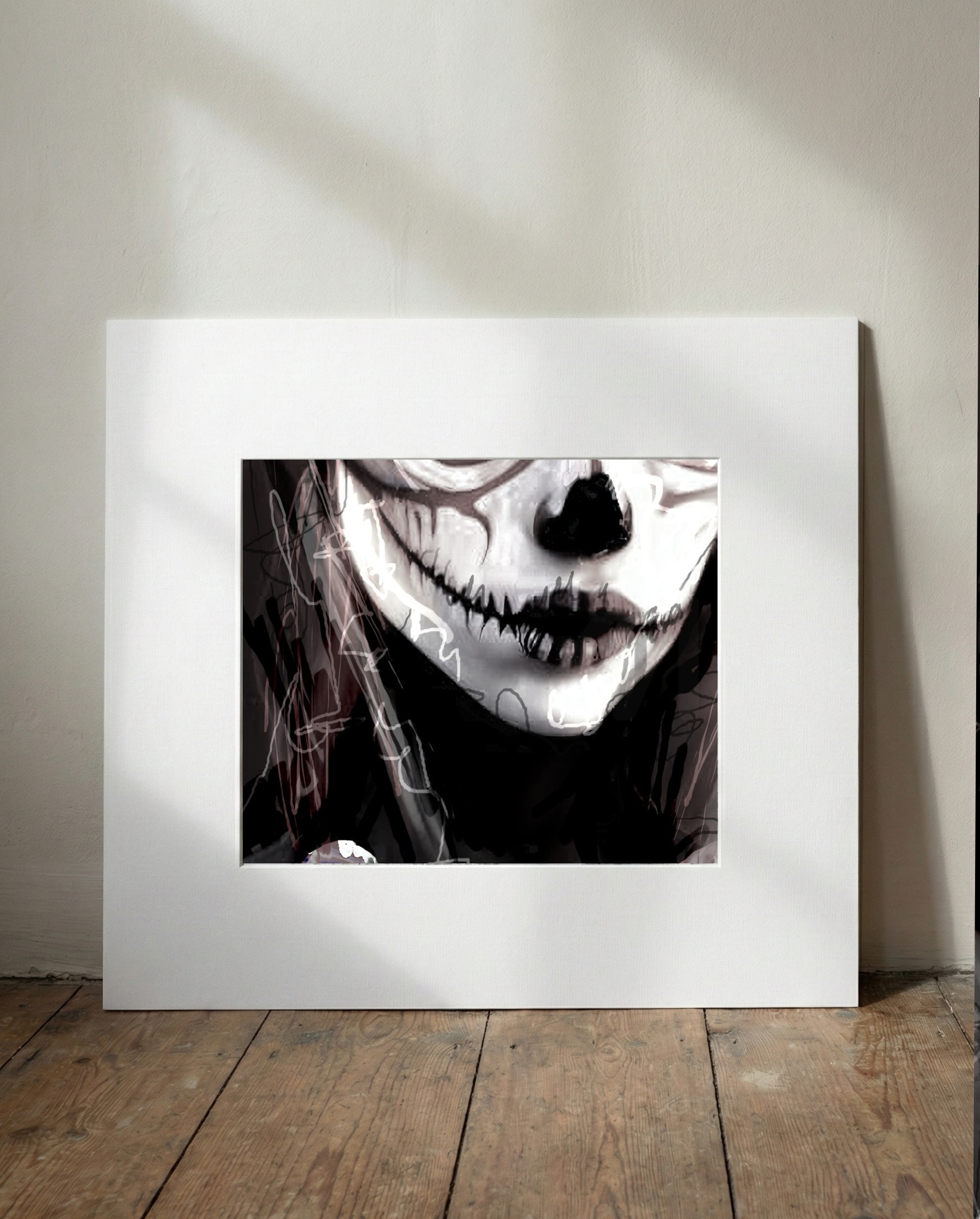 Monochrome Skull Woman Portrait — art on the wall, room interior preview 1