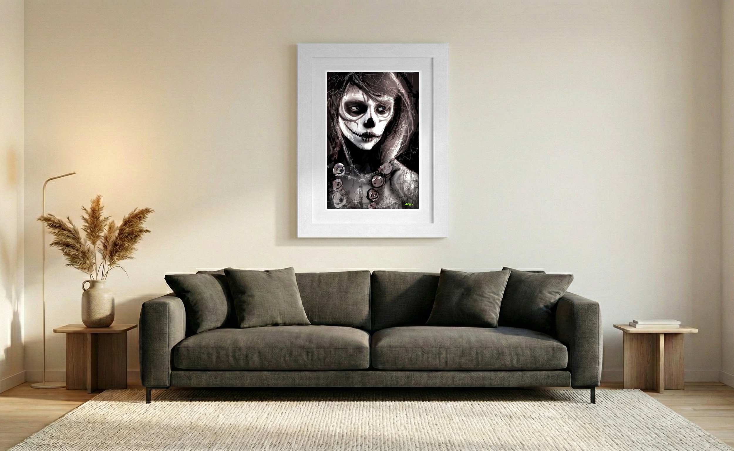 Monochrome Skull Woman Portrait — art on the wall, room interior preview 2