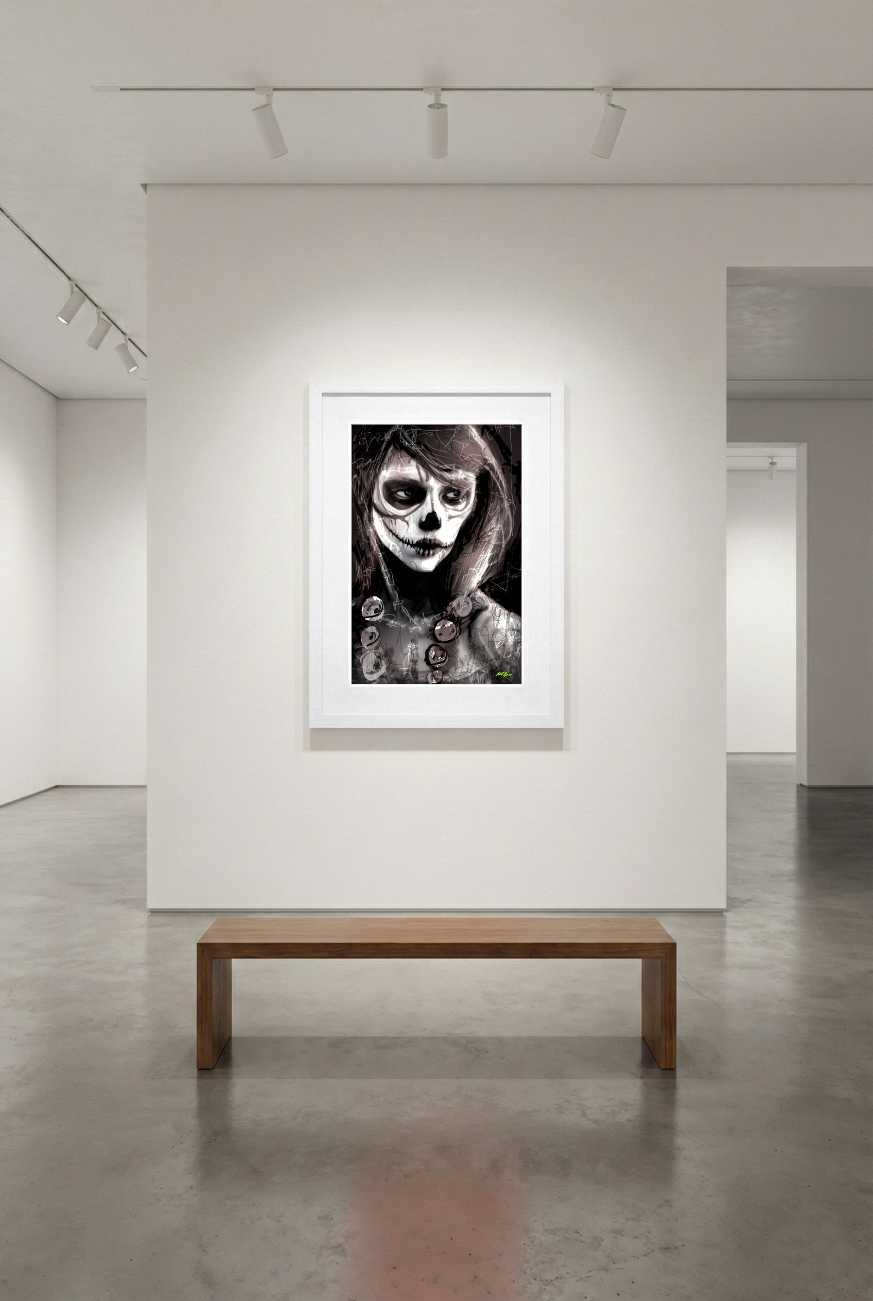 Monochrome Skull Woman Portrait — art on the wall, room interior preview 3
