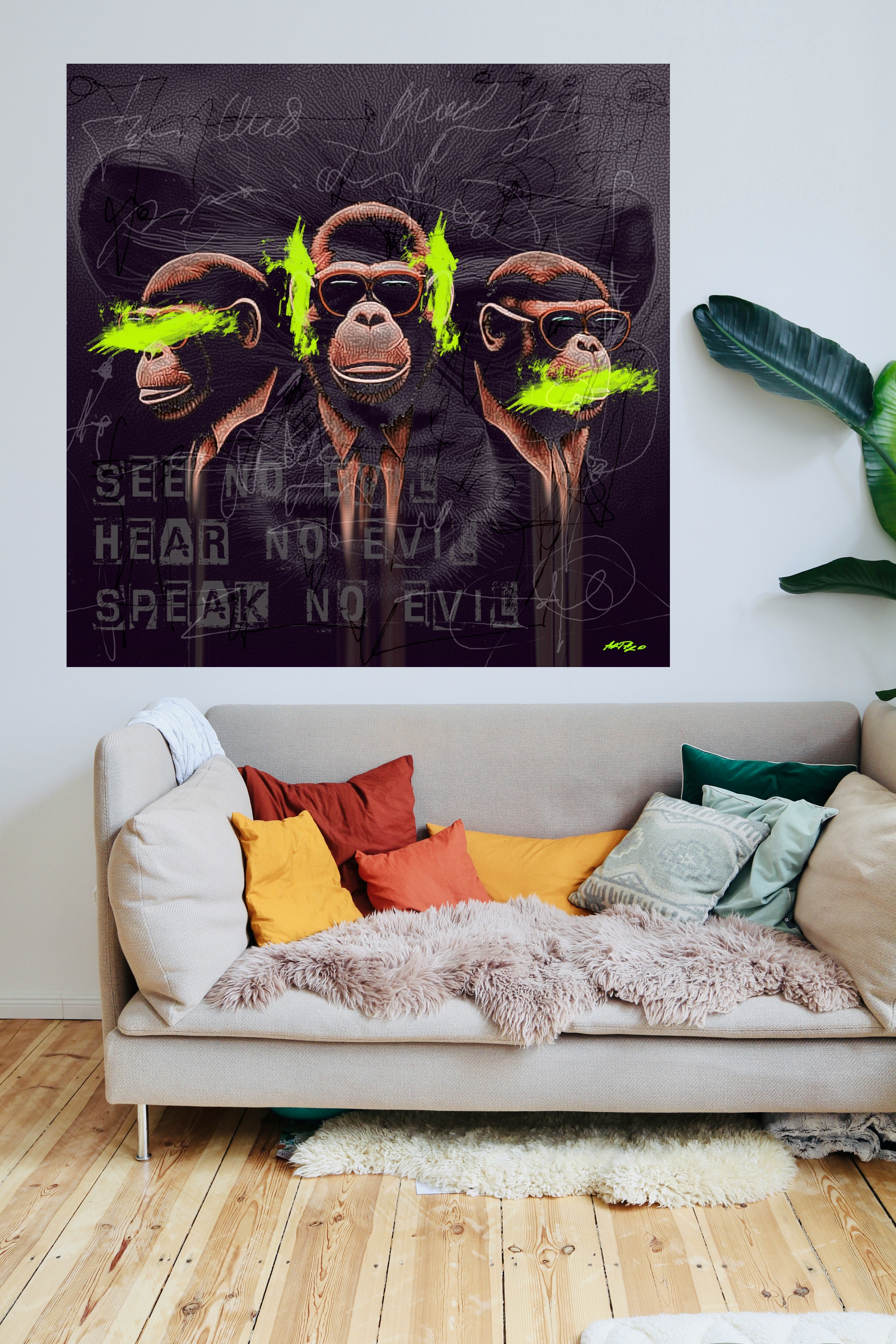 Neon Green Monkeys in Digital Art — art on the wall, room interior preview 2