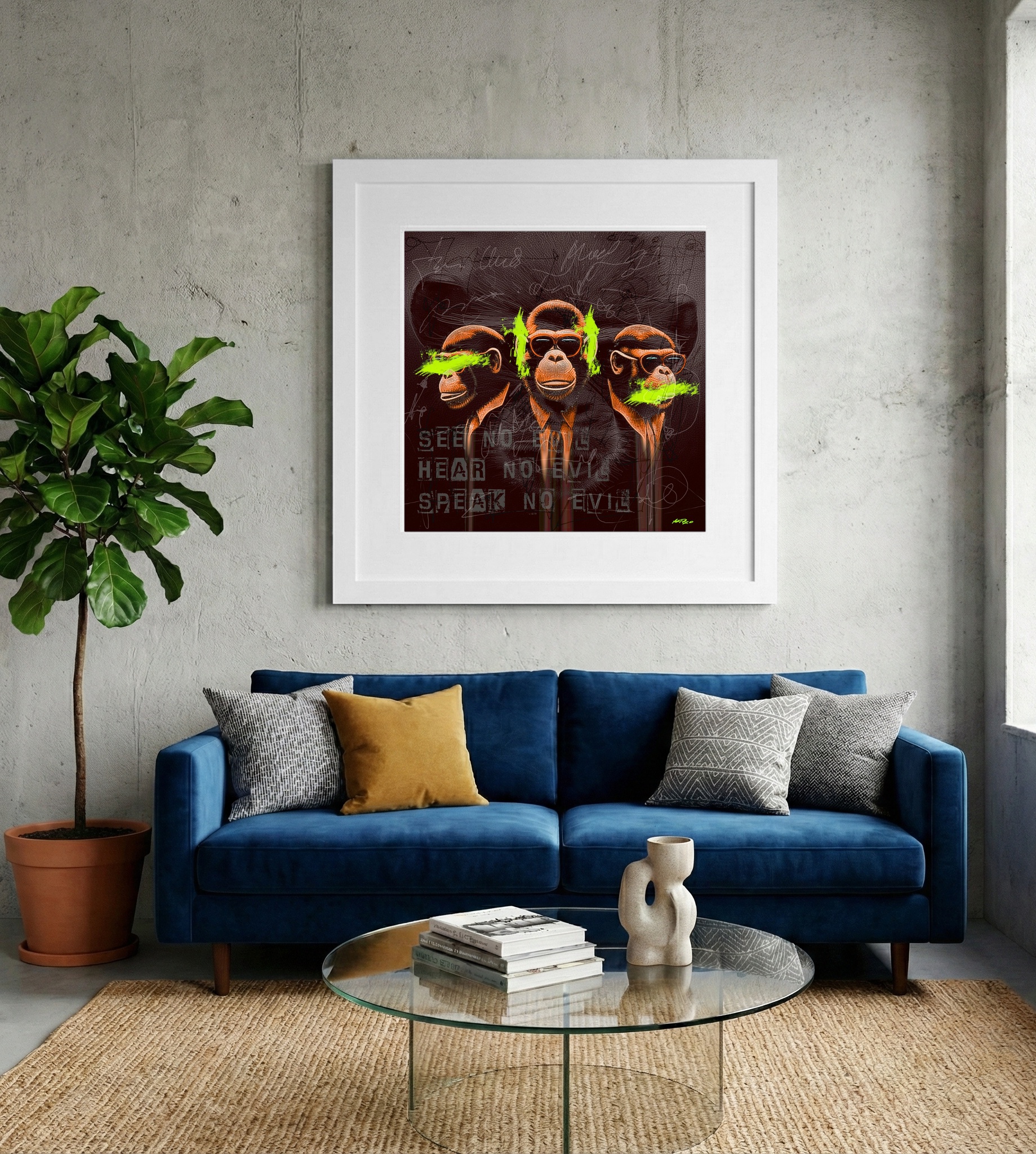 Electric Green Three Wise Monkeys — art on the wall, room interior preview 2