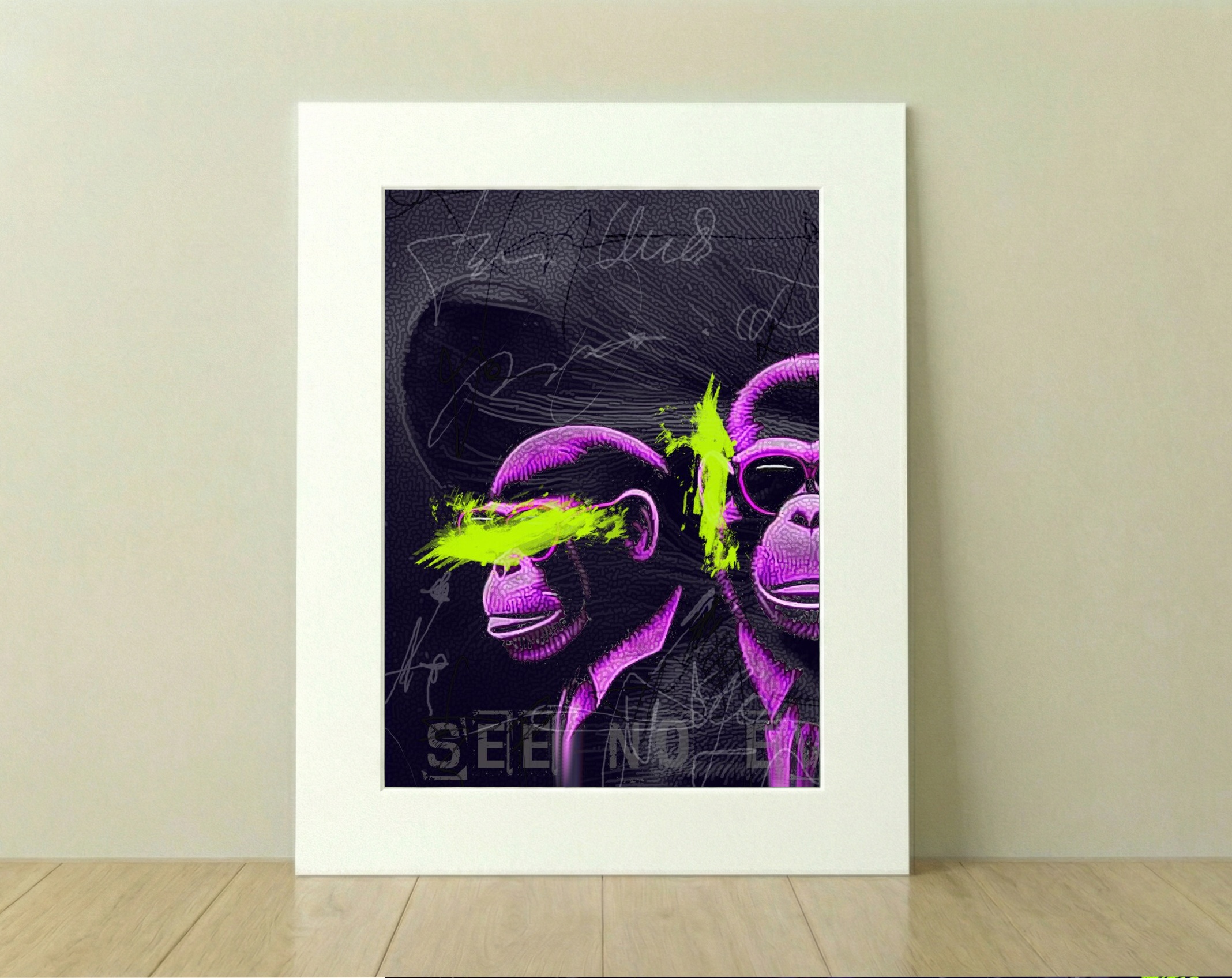 Purple Three Wise Monkeys Illustration — art on the wall, room interior preview 1