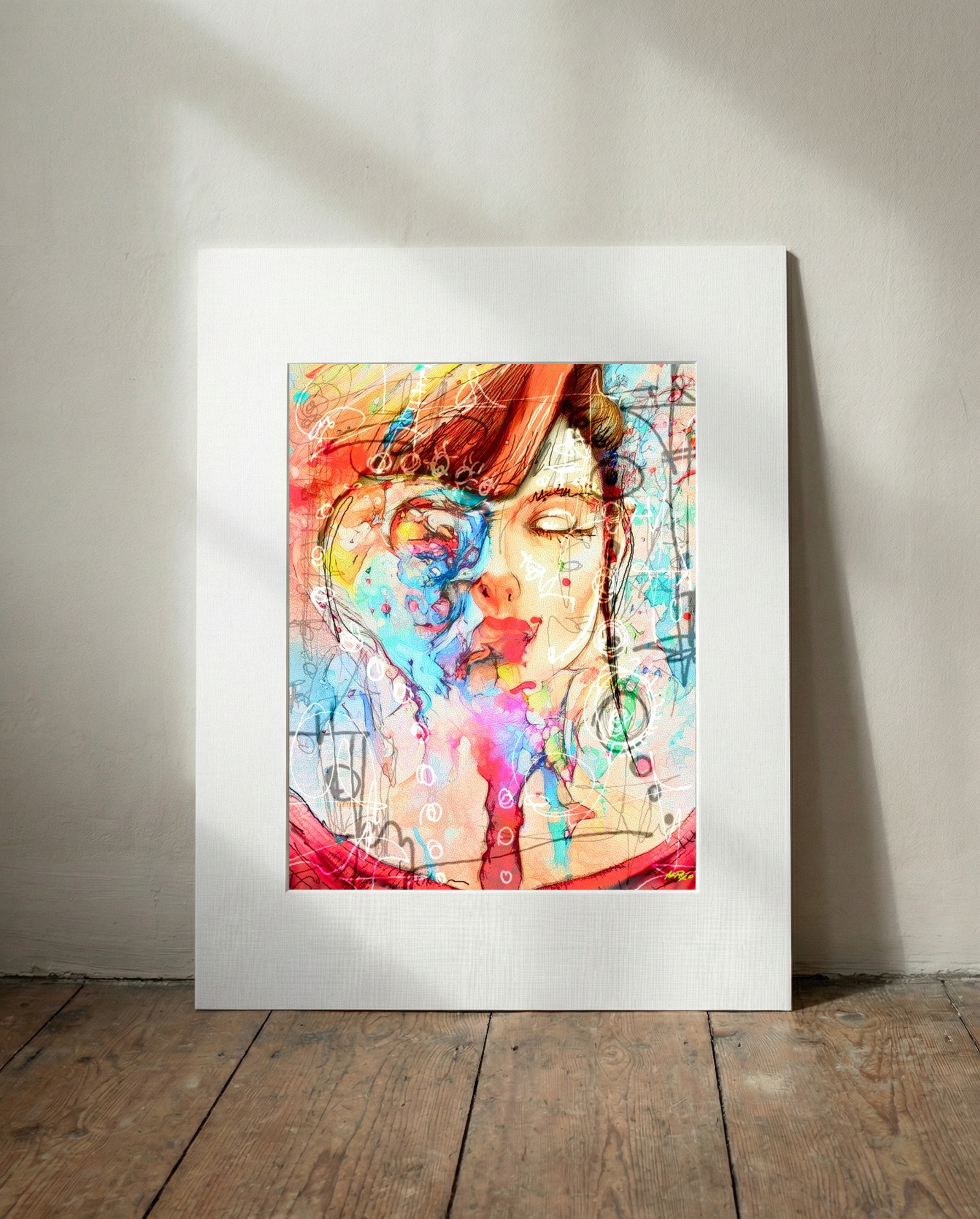 Watercolor Half-Face Portrait — art on the wall, room interior preview 3