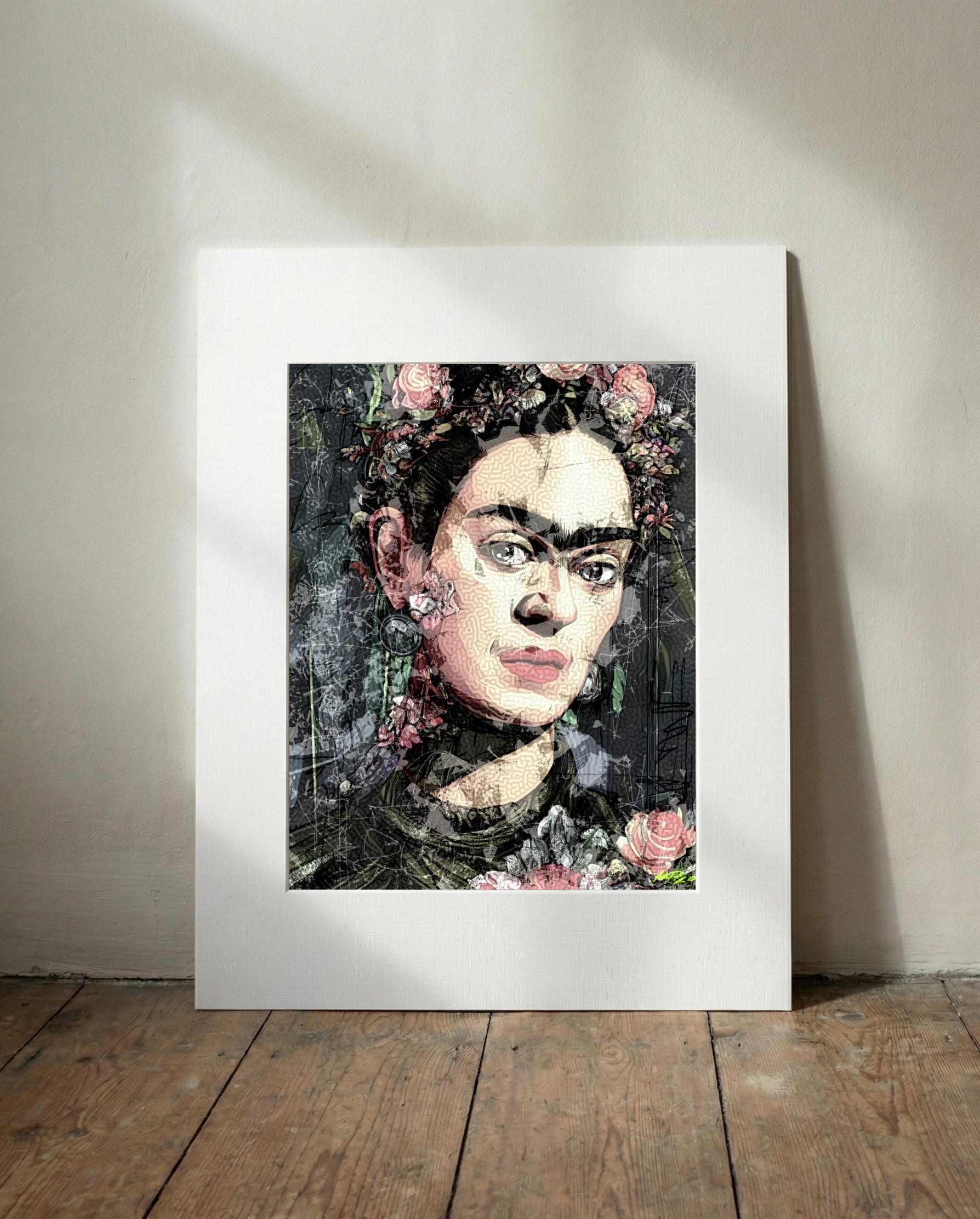 Ochre and Rose Frida Kahlo Portrait — art on the wall, room interior preview 3