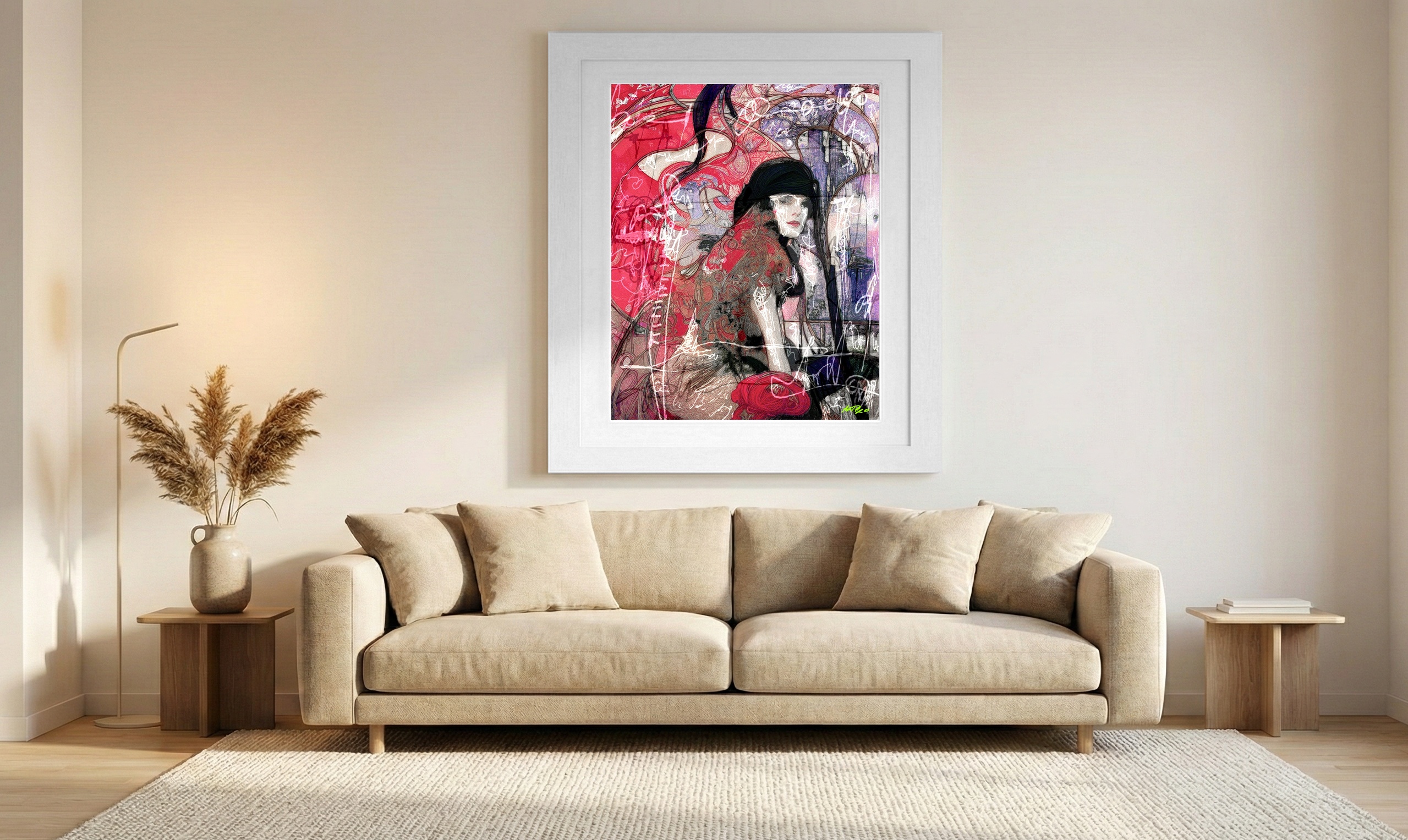 Rich Crimson Woman in Hat Digital Art — art on the wall, room interior preview 1