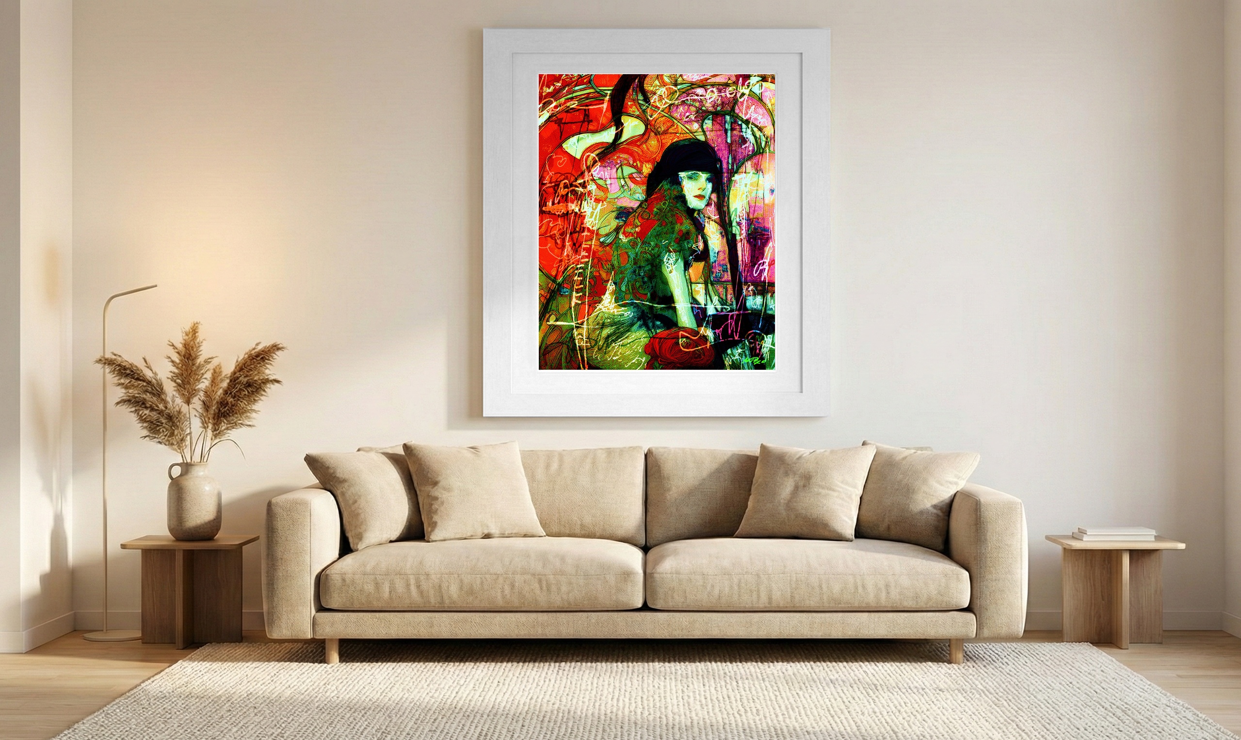 Fiery Orange Woman In Hat Digital Art — art on the wall, room interior preview 1