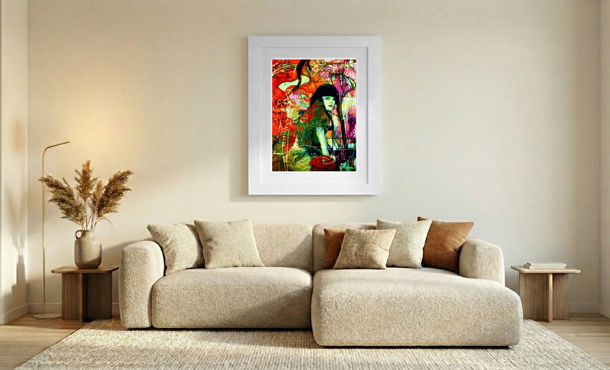 Fiery Orange Woman In Hat Digital Art — art on the wall, room interior preview 2