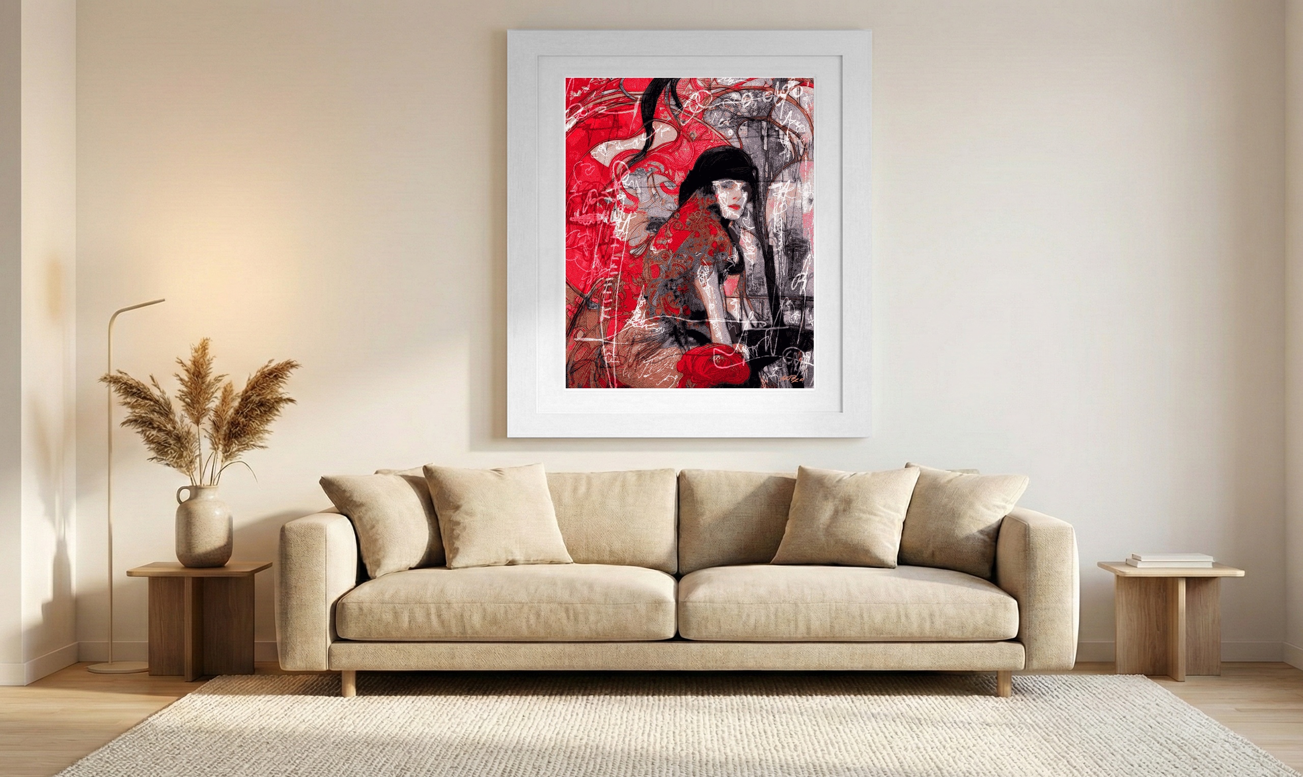 Striking Red Woman in Hat Digital Art — art on the wall, room interior preview 1
