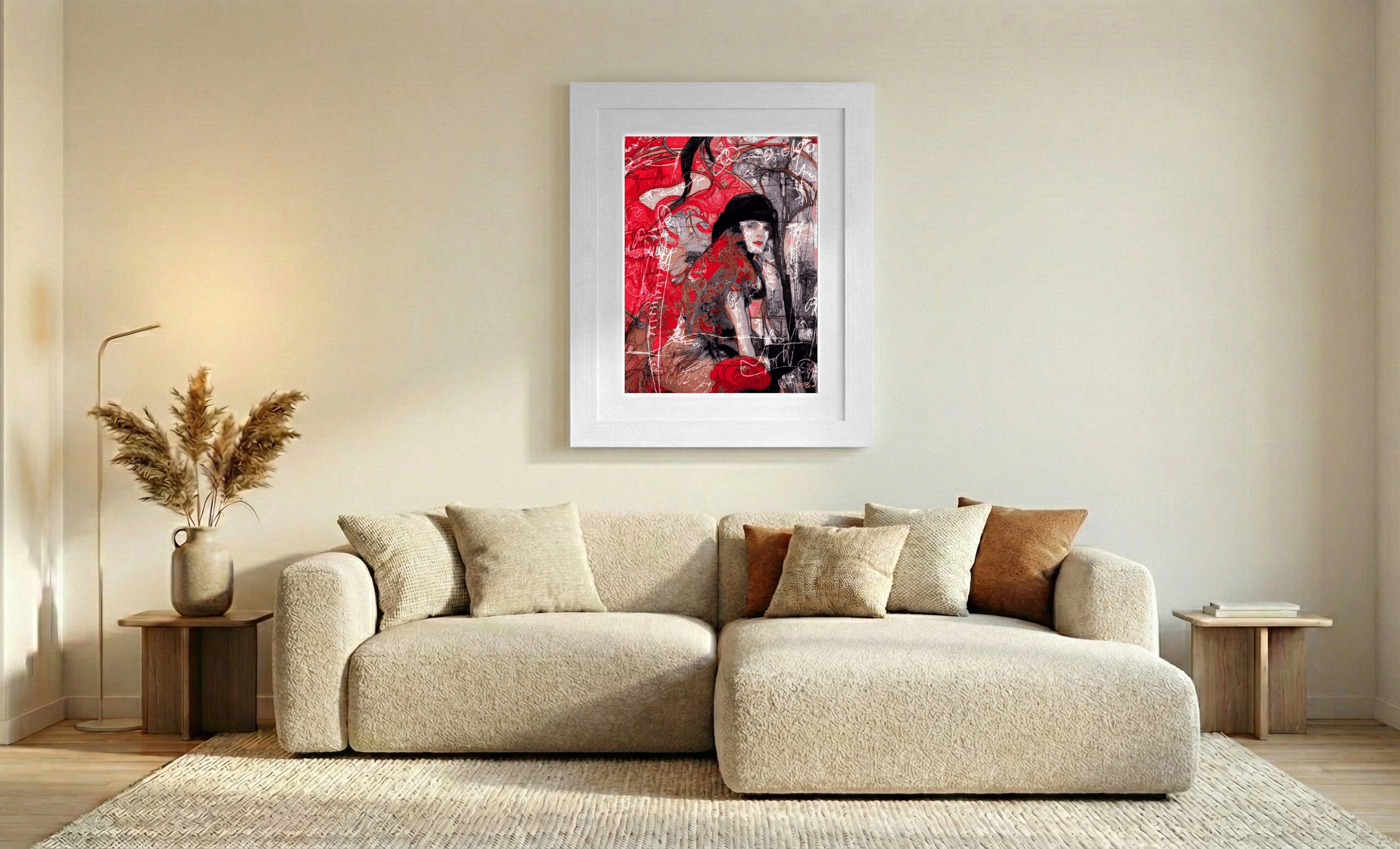 Striking Red Woman in Hat Digital Art — art on the wall, room interior preview 2