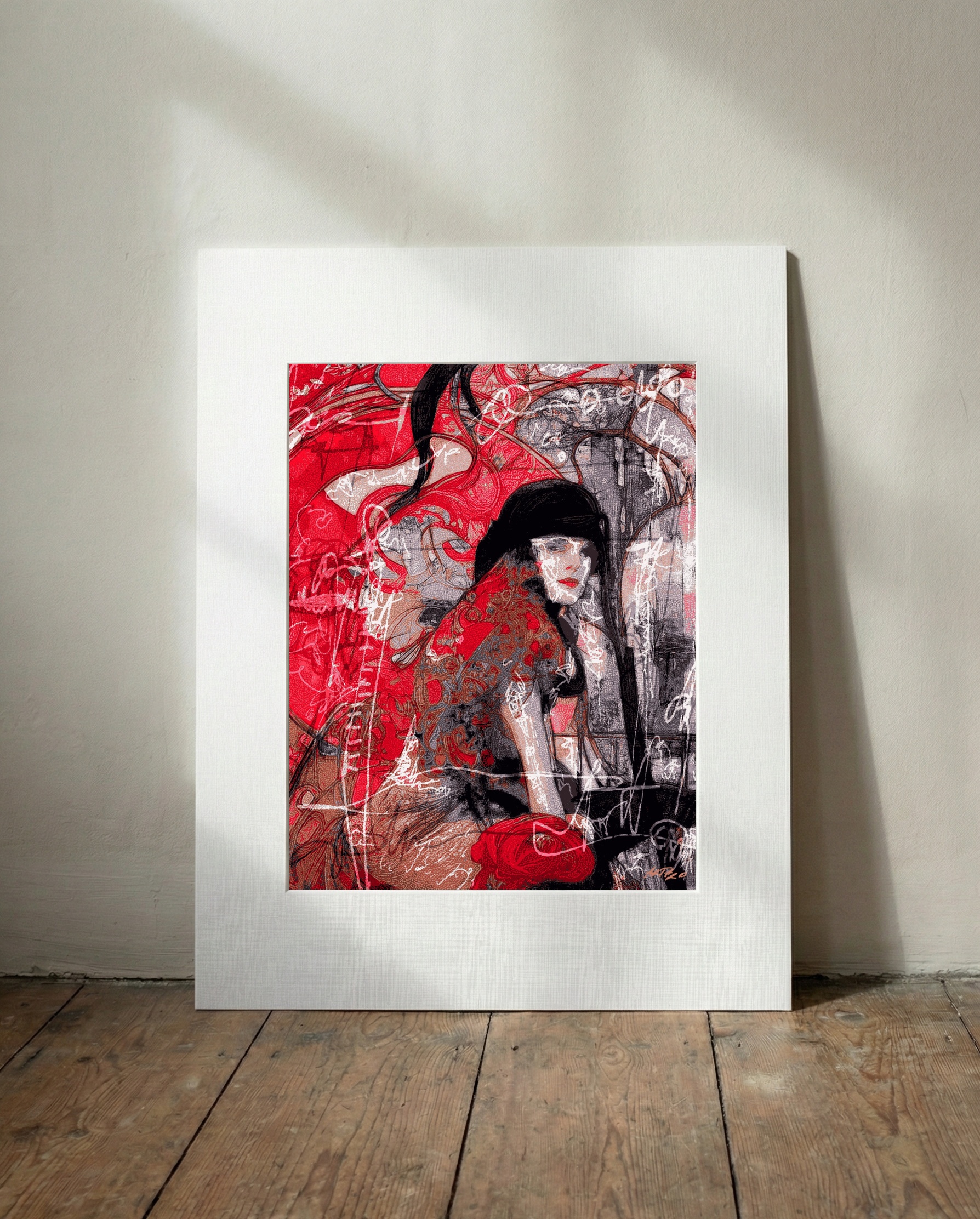 Striking Red Woman in Hat Digital Art — art on the wall, room interior preview 3
