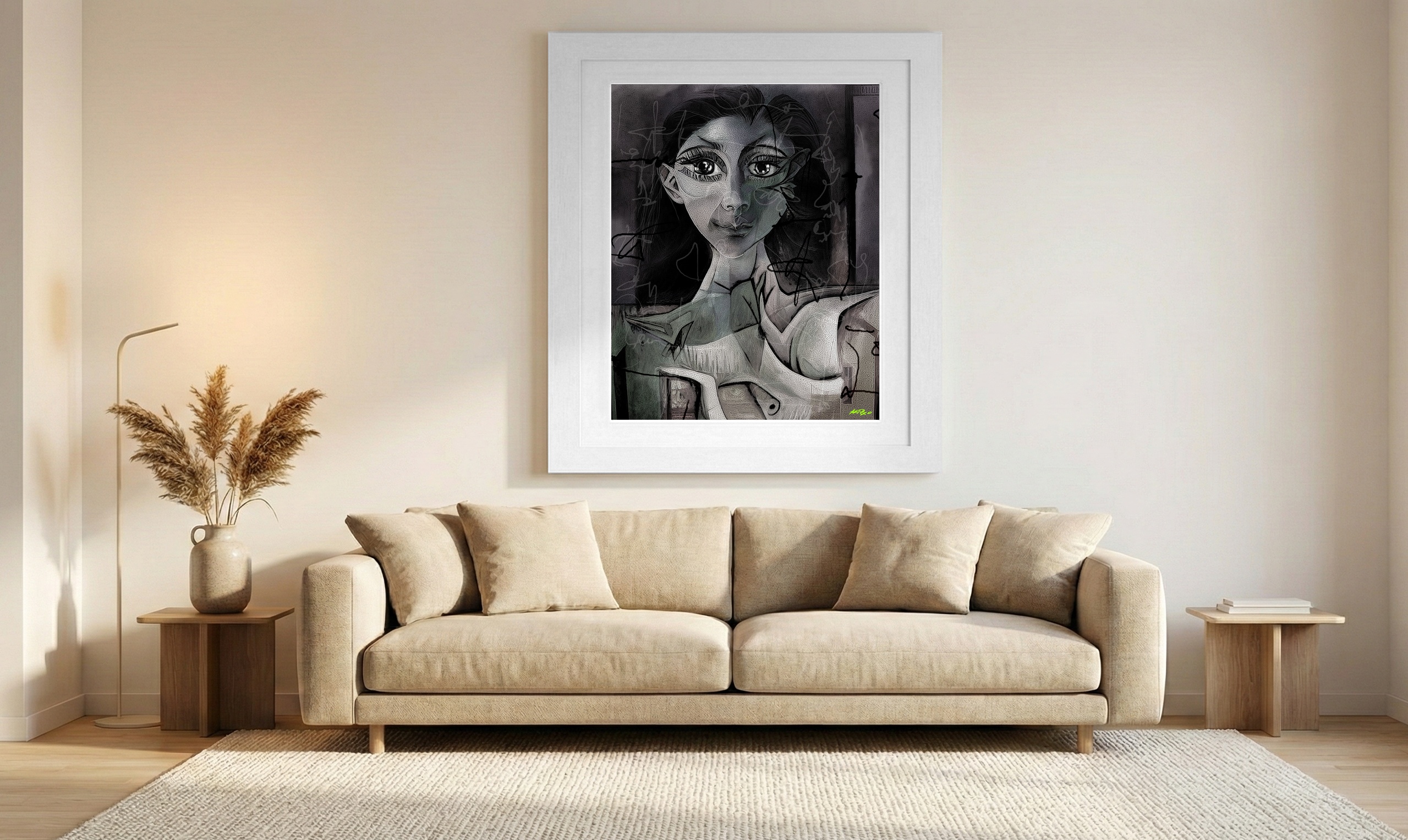Abstract Black and White Woman Face Digital Art — art on the wall, room interior preview 1