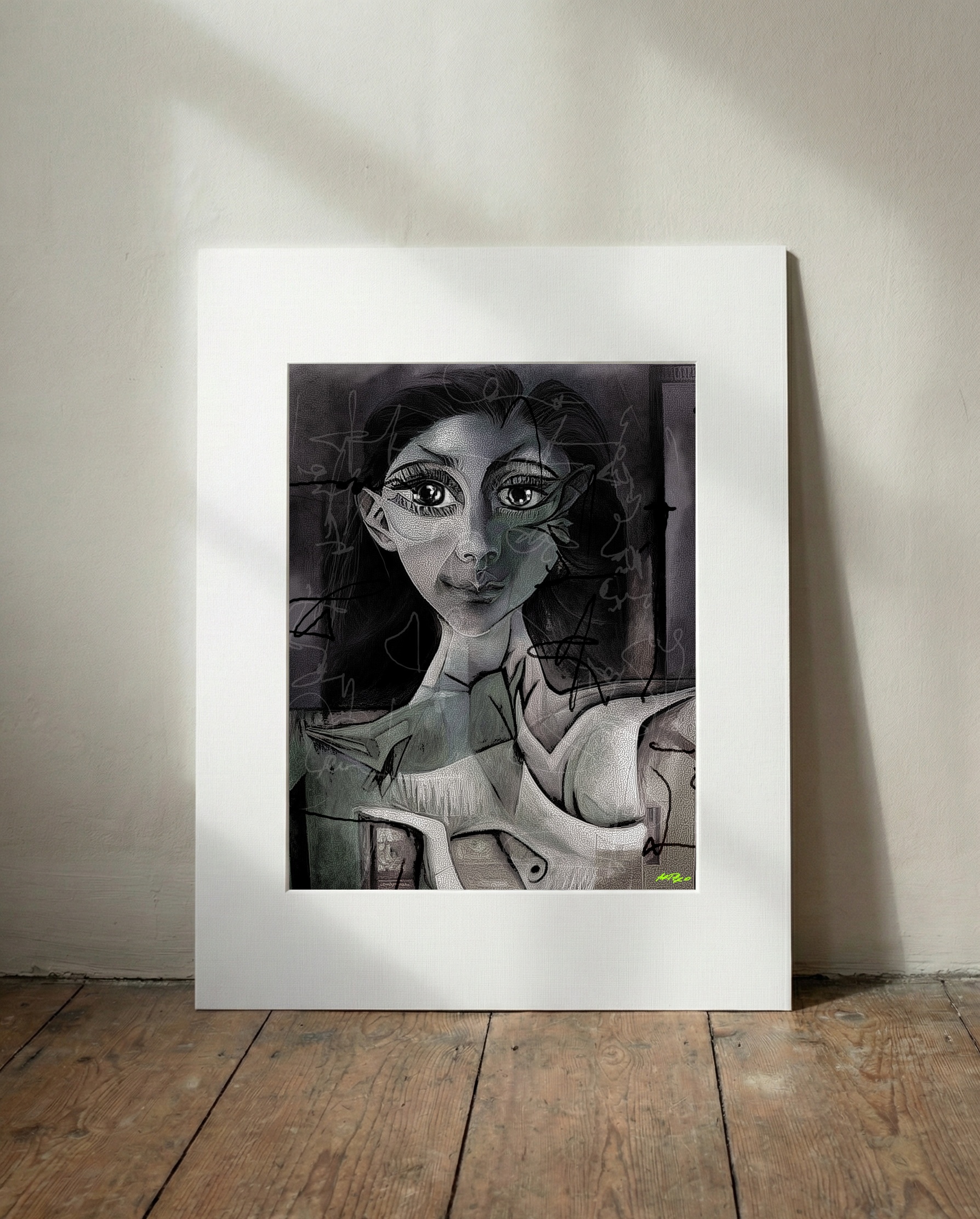 Abstract Black and White Woman Face Digital Art — art on the wall, room interior preview 3