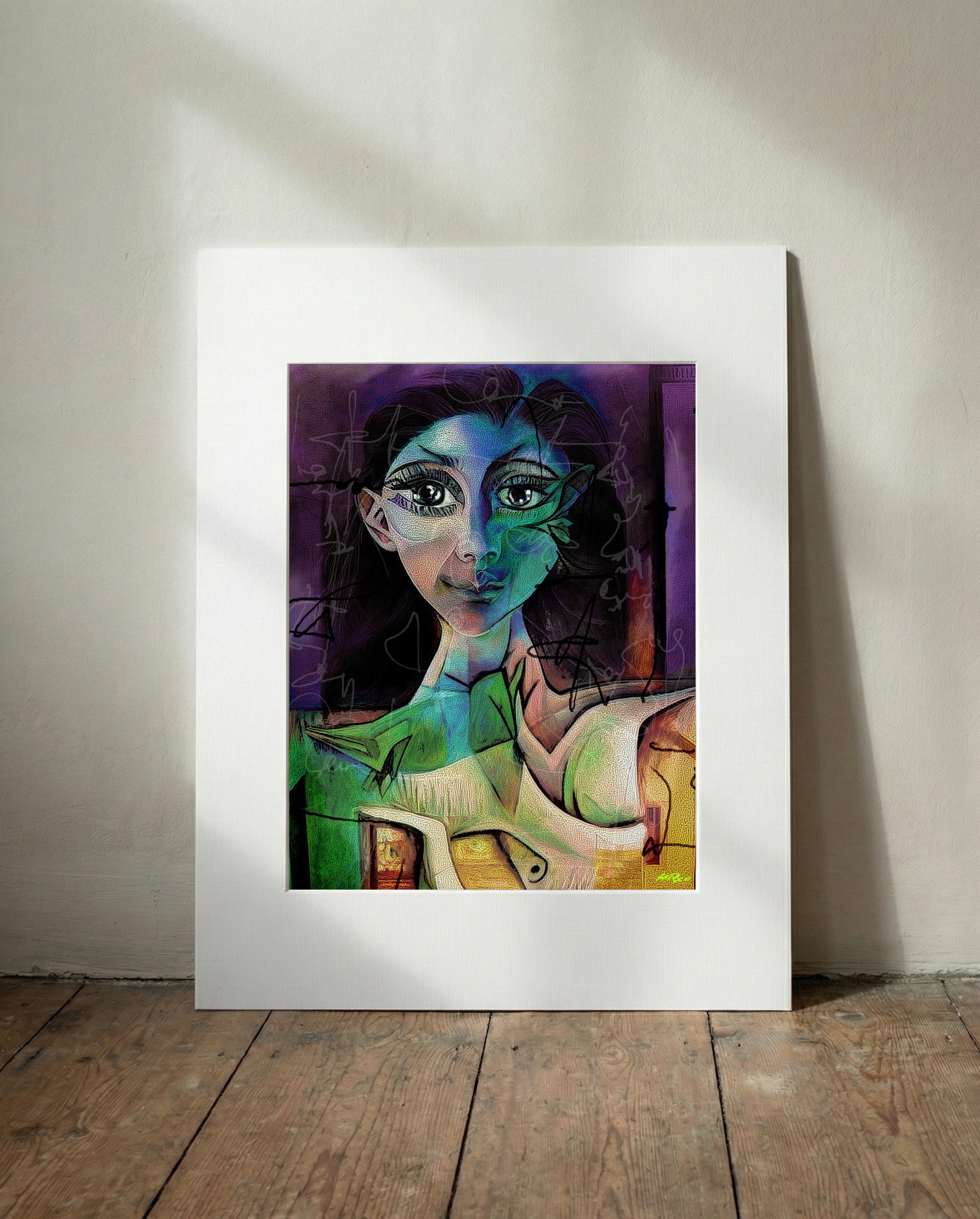 Deep Violet and Green Woman's Face Art — art on the wall, room interior preview 3