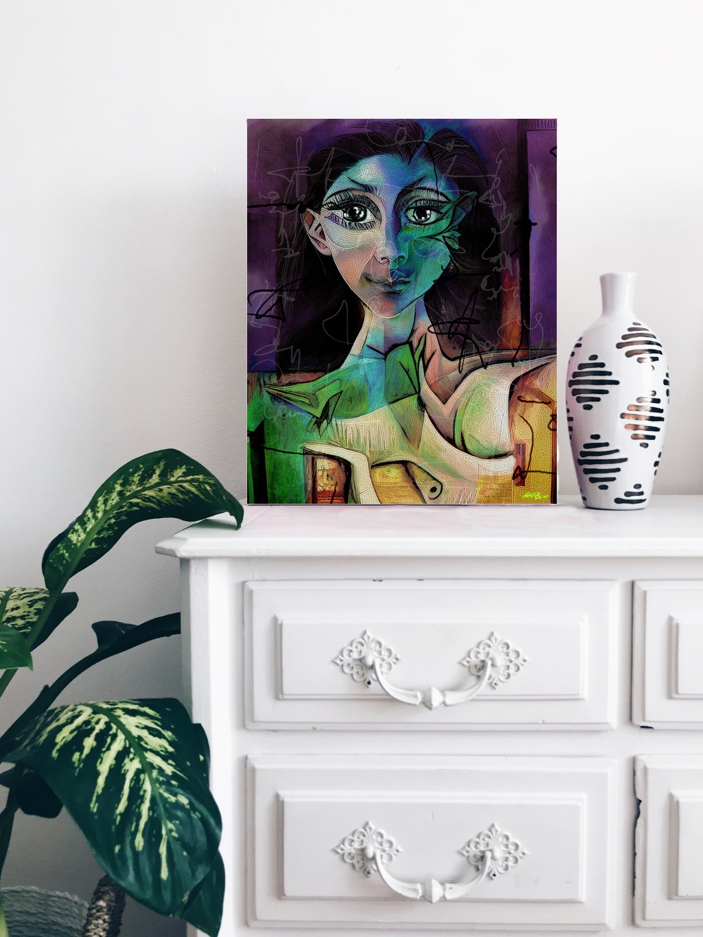 Deep Violet and Green Woman's Face Art — art on the wall, room interior preview 3