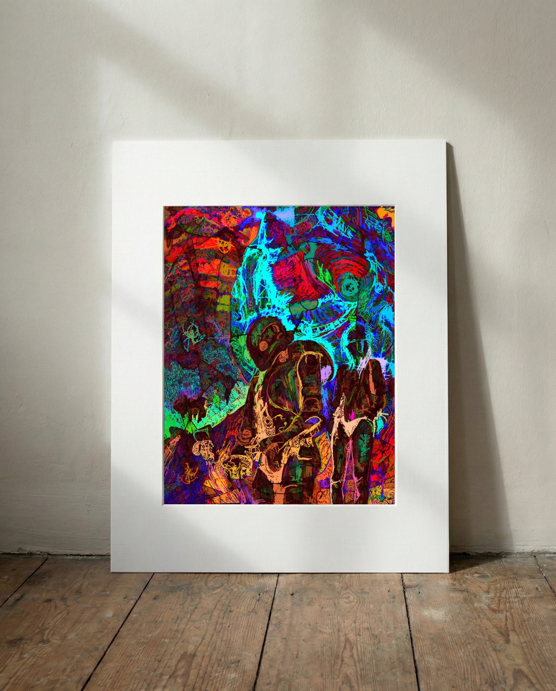 Electric Blue and Fiery Orange Astronaut's Journey — art on the wall, room interior preview 3