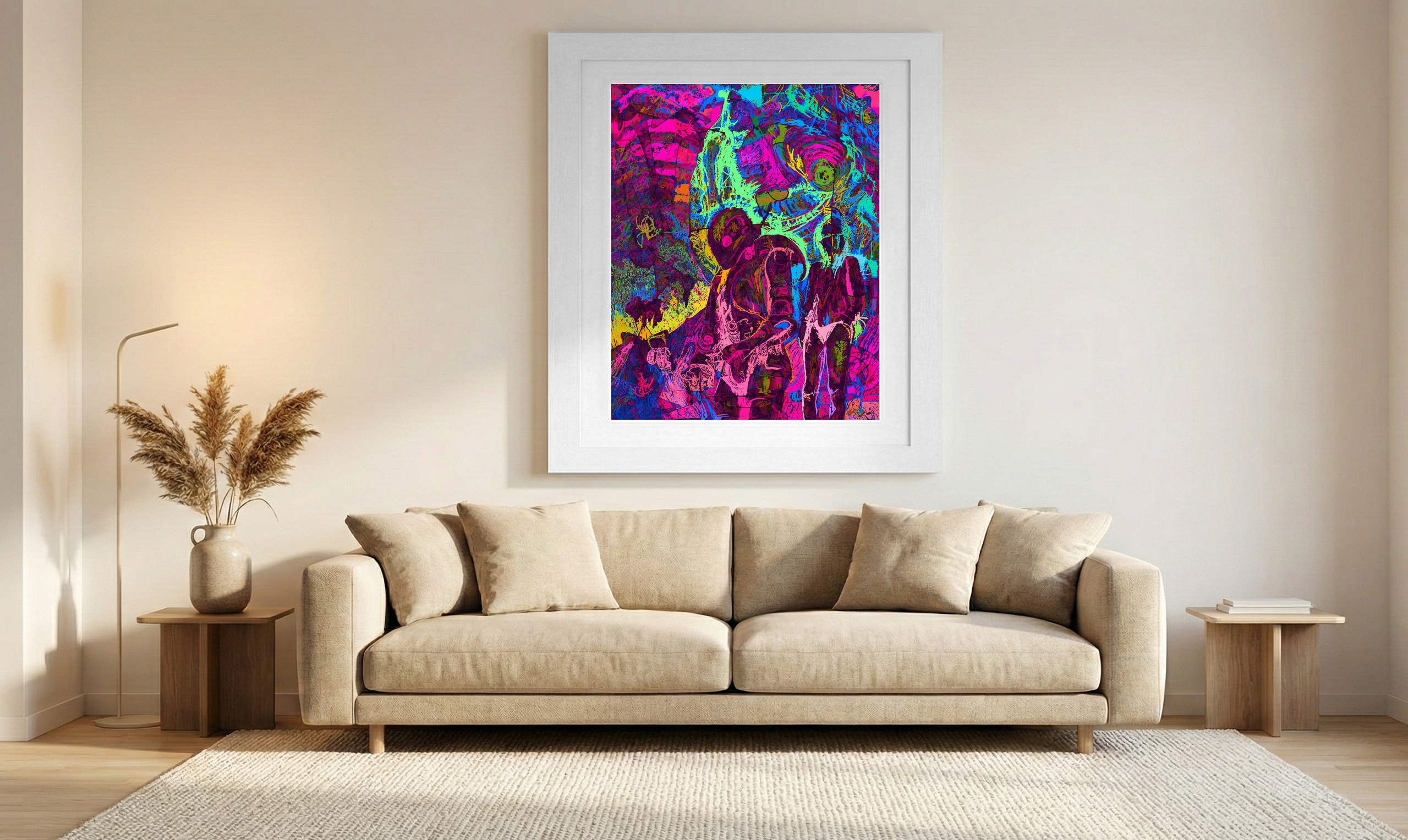 Neon Pink and Electric Blue Surreal Scene — art on the wall, room interior preview 1