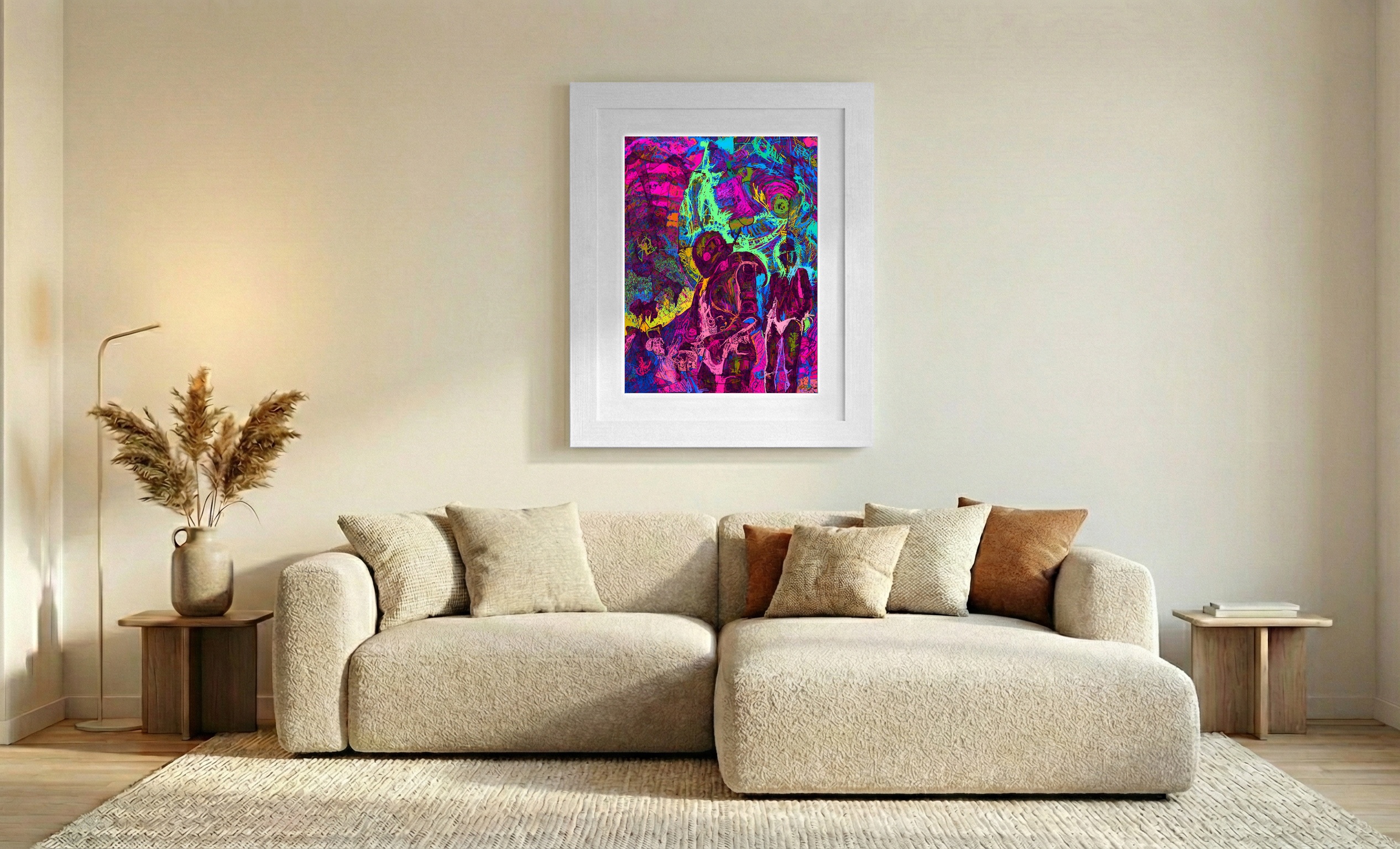 Neon Pink and Electric Blue Surreal Scene — art on the wall, room interior preview 2