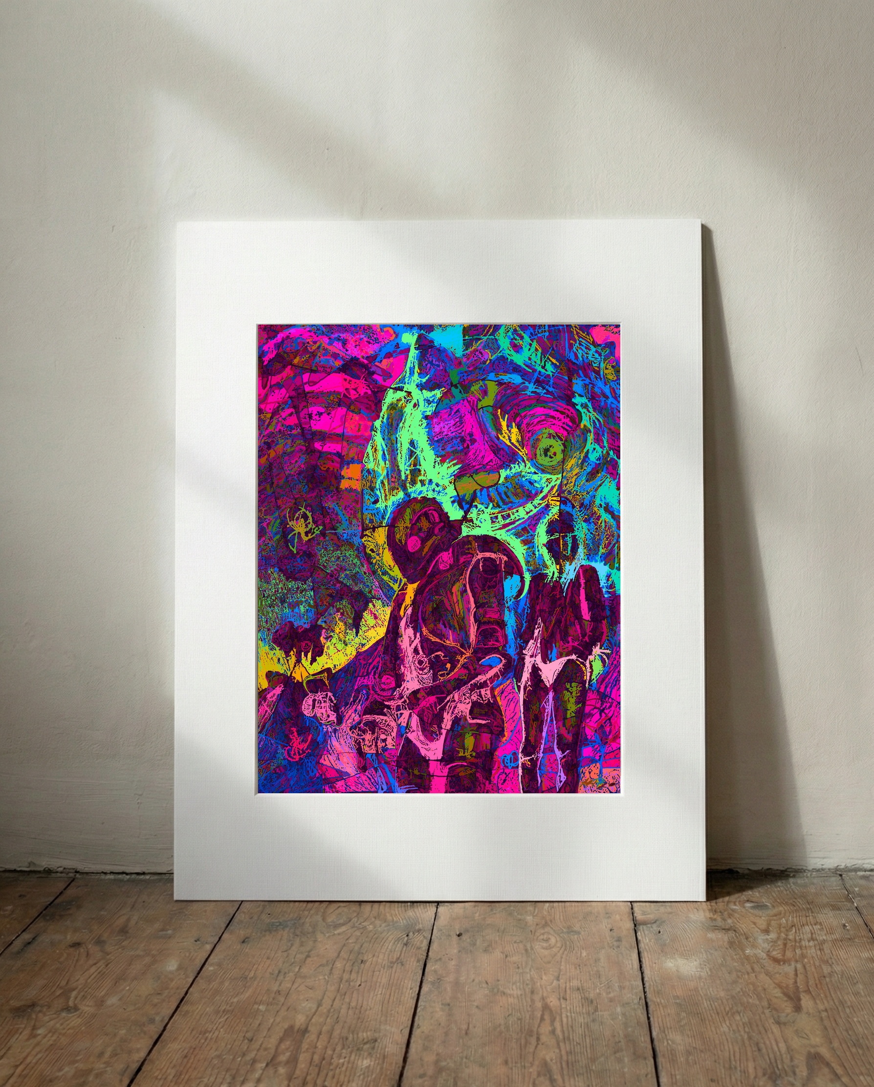 Neon Pink and Electric Blue Surreal Scene — art on the wall, room interior preview 3