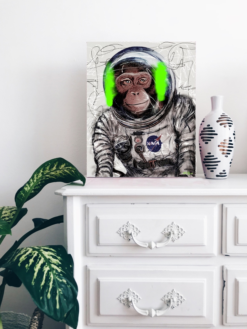 Whimsical Green Monkey in Space Suit — art on the wall, room interior preview 3