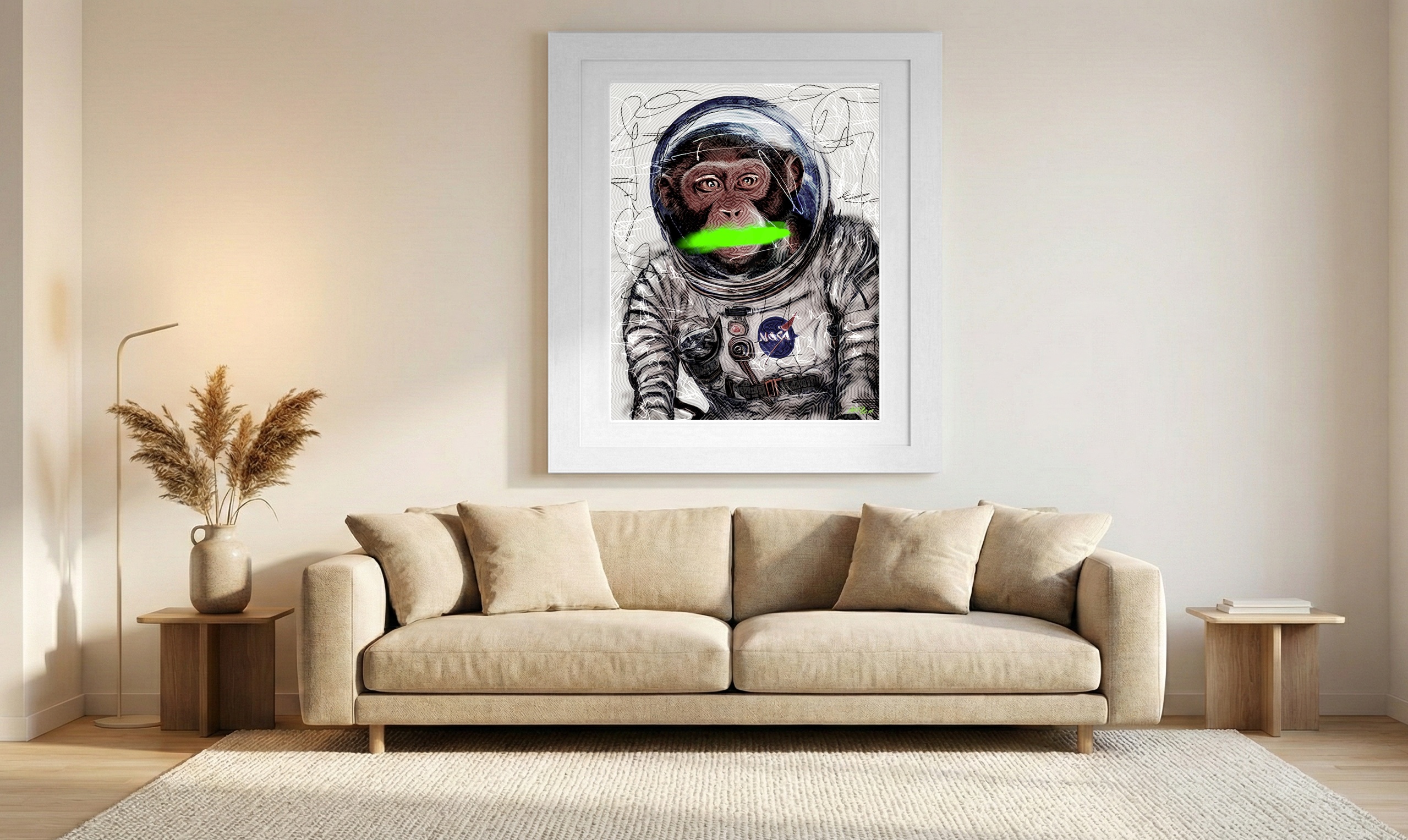 Neon Green Astronaut Monkey Digital Art — art on the wall, room interior preview 1