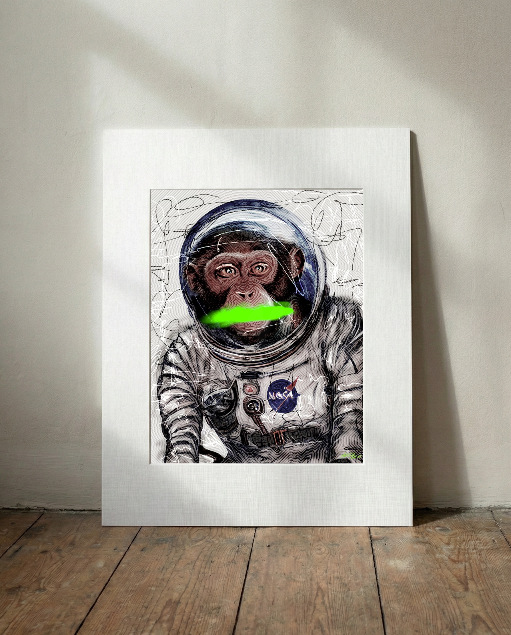 Neon Green Astronaut Monkey Digital Art — art on the wall, room interior preview 2