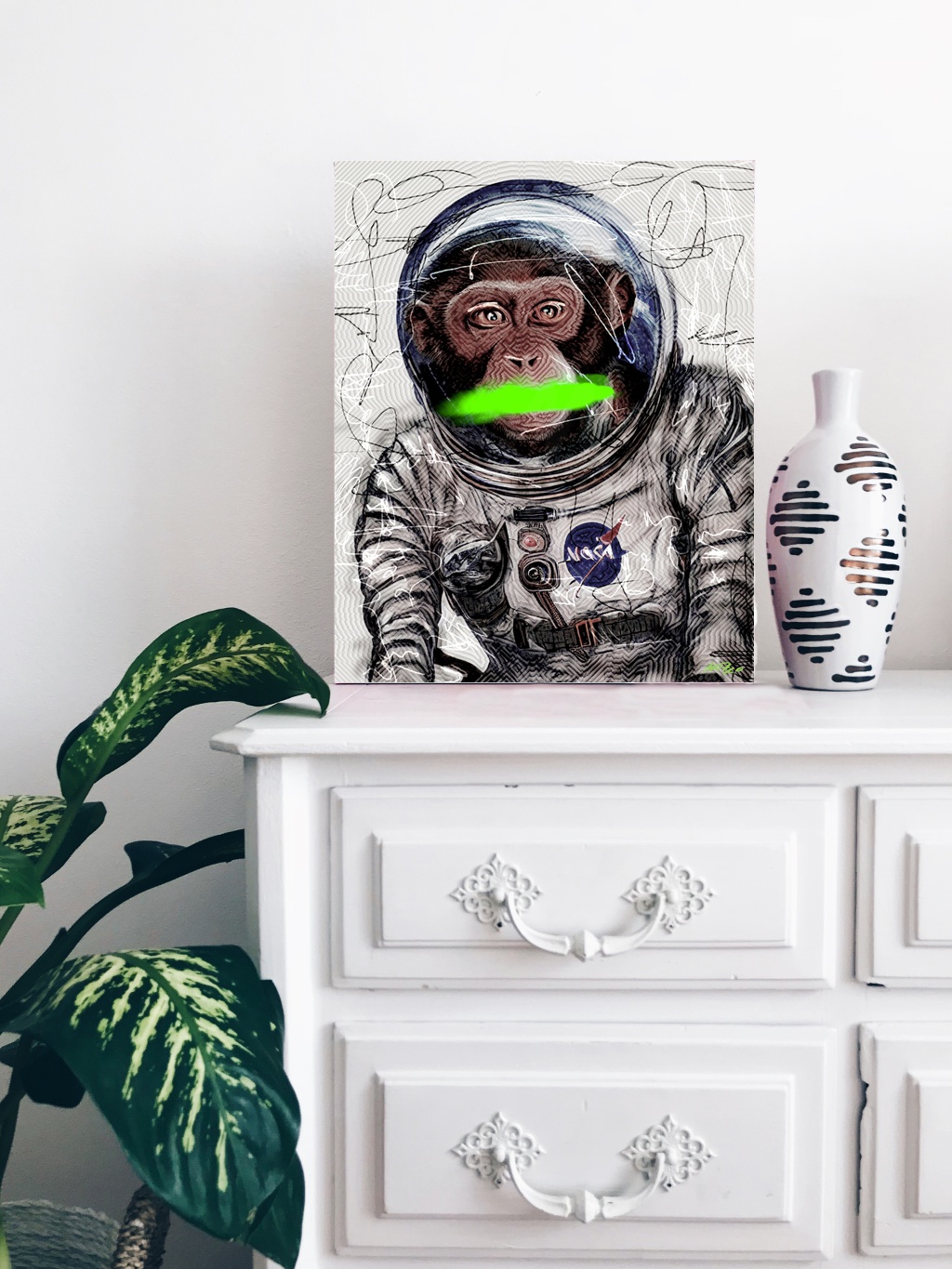 Neon Green Astronaut Monkey Digital Art — art on the wall, room interior preview 3