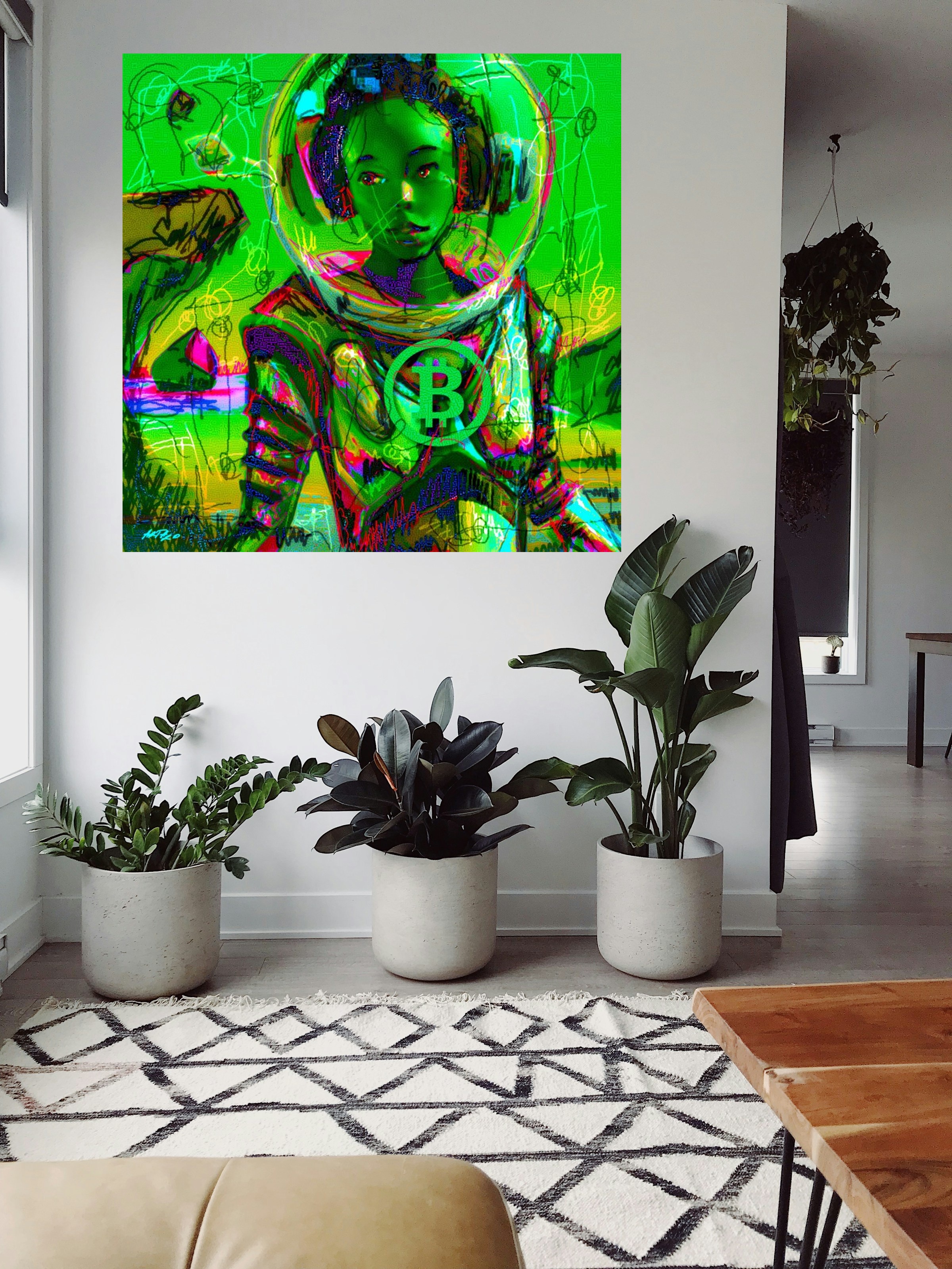Emerald Green Cosmic Girl Digital Artwork — art on the wall, room interior preview 1