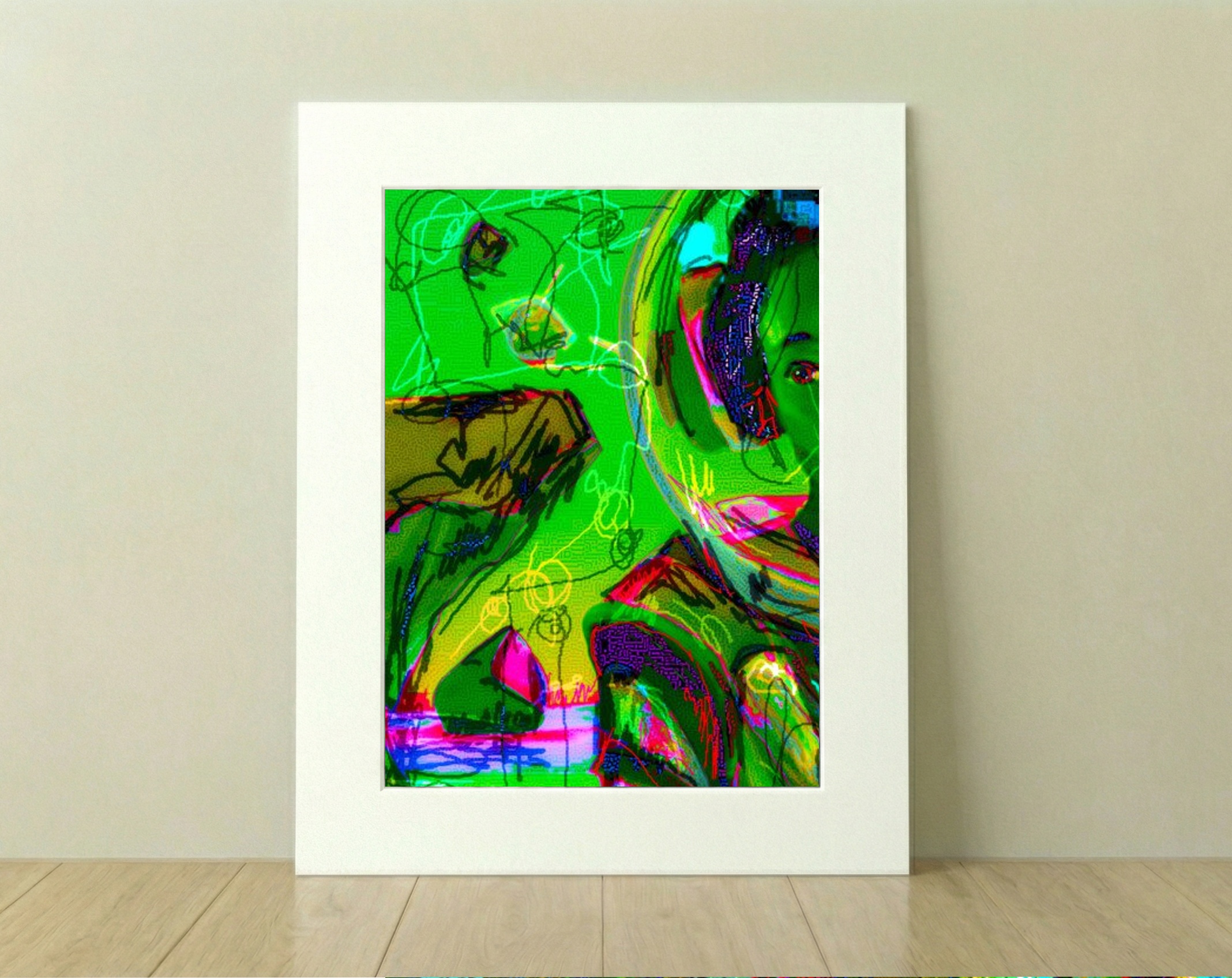 Emerald Green Cosmic Girl Digital Artwork — art on the wall, room interior preview 2