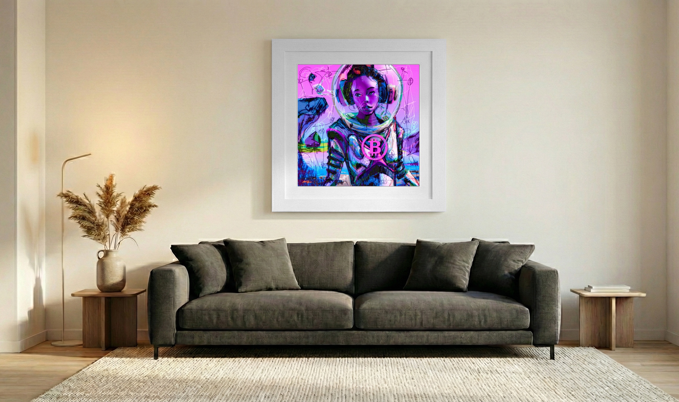 Lilac Cosmic Girl Digital Art Print — art on the wall, room interior preview 3