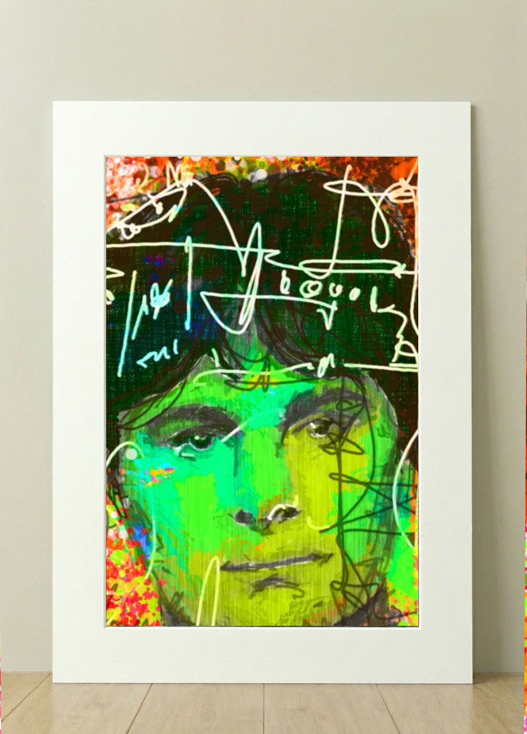 Vibrant Green Portrait Digital Art — art on the wall, room interior preview 2