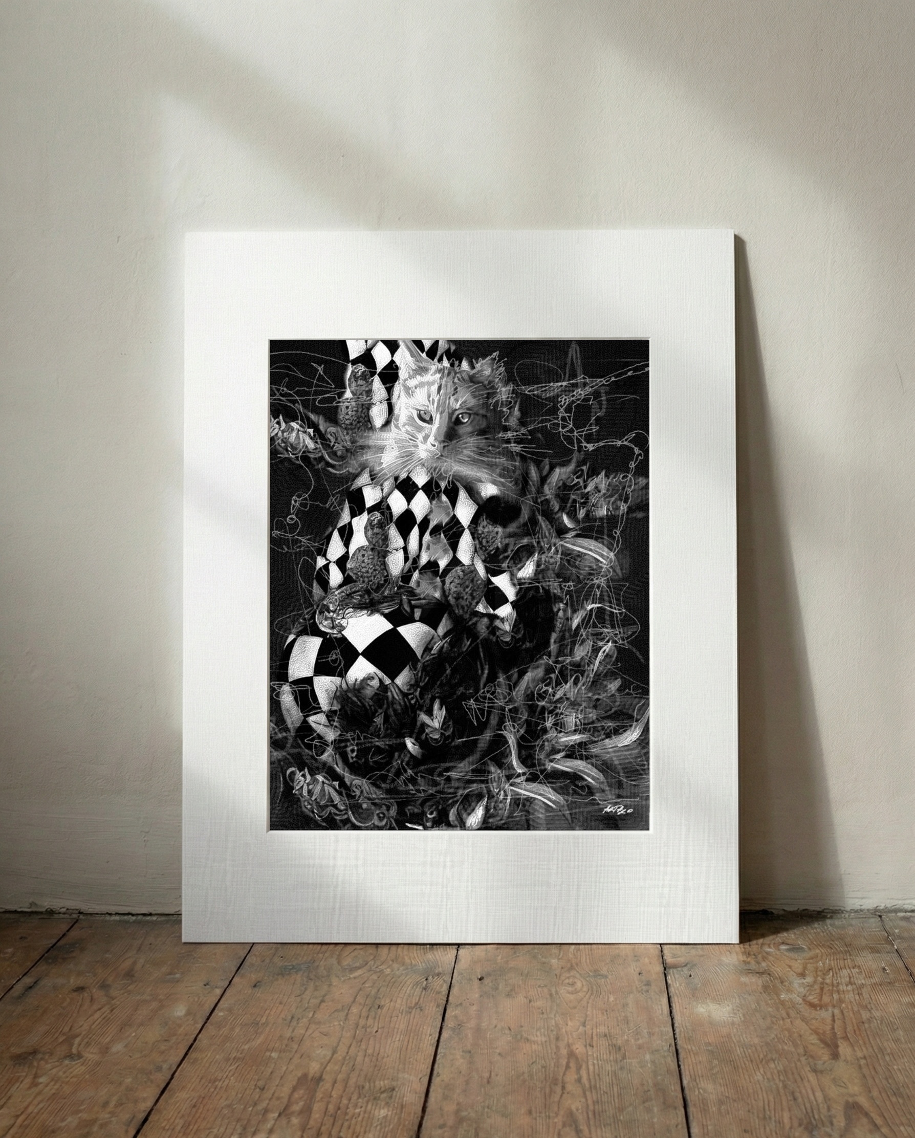 Mysterious Black and White Clown Cat Art — art on the wall, room interior preview 3